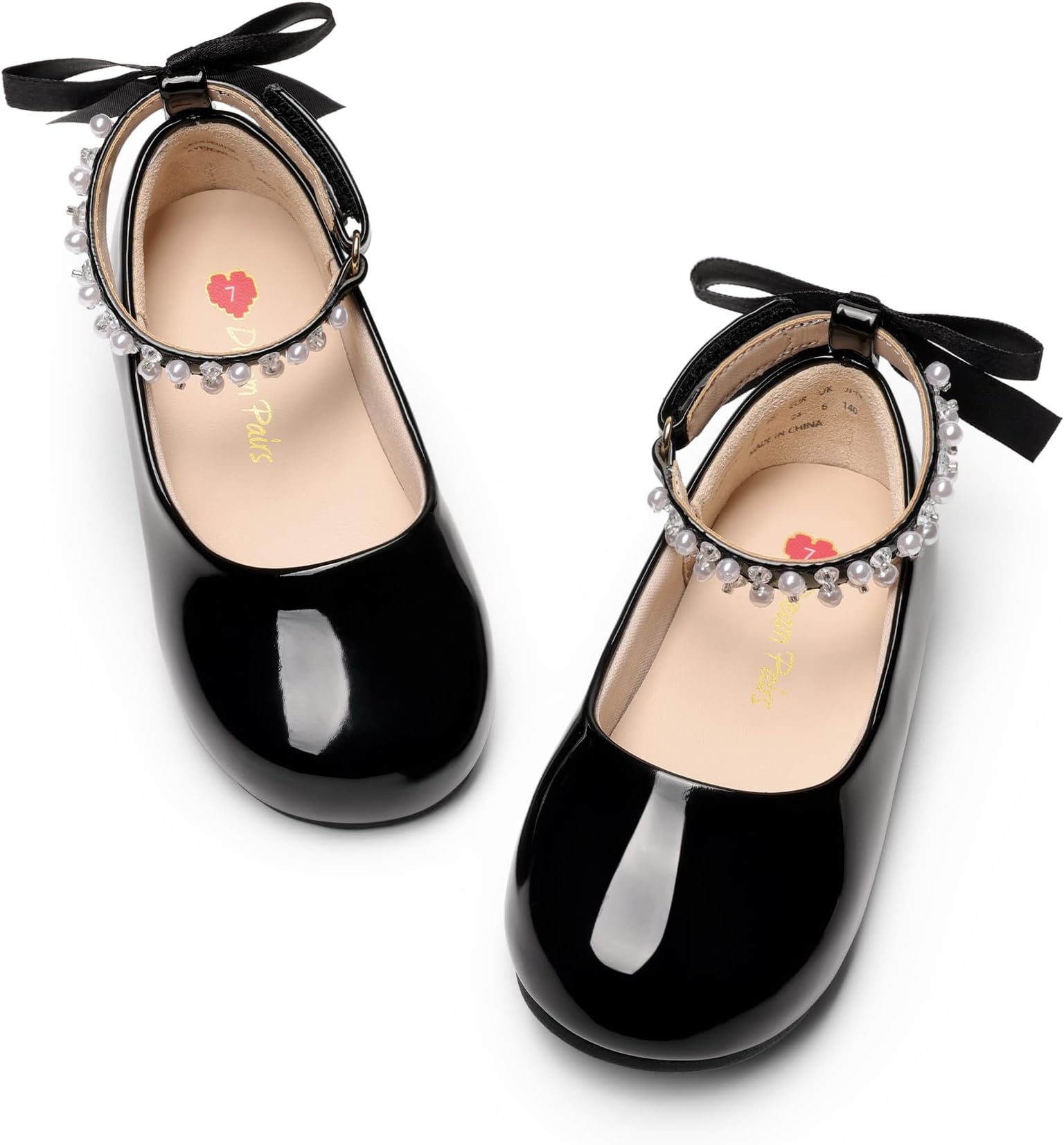 Toddler Little Girls Dress Shoes Flower Girl Mary Jane Ballet Flat Shoes with Pearl Ankle Strap & Satin Bow for Wedding/Party