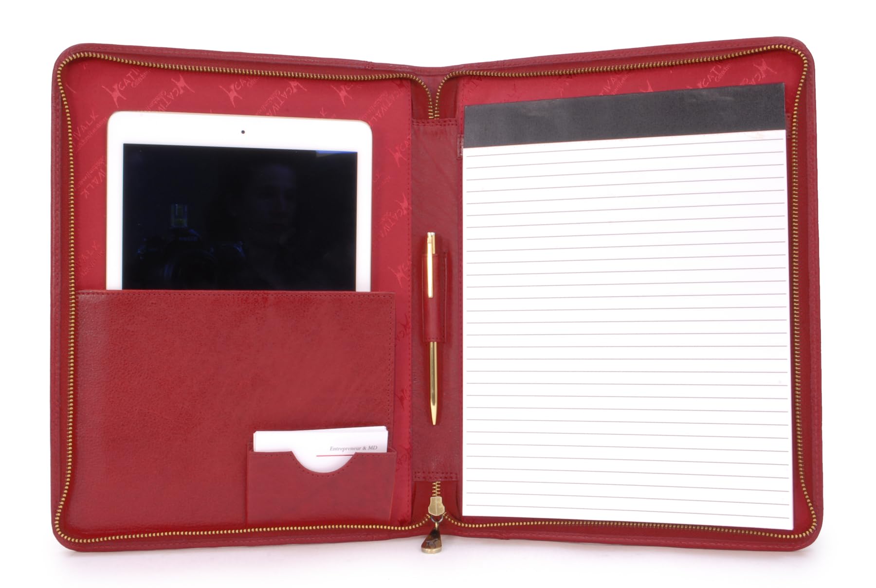 Catwalk Collection Handbags - Damska Skórzana Teczka Konferencyjna A4 - Biznesowe Etui na Zamek z Notesem - Mieści Tablet i Wizytówki - Chloe Czerwony