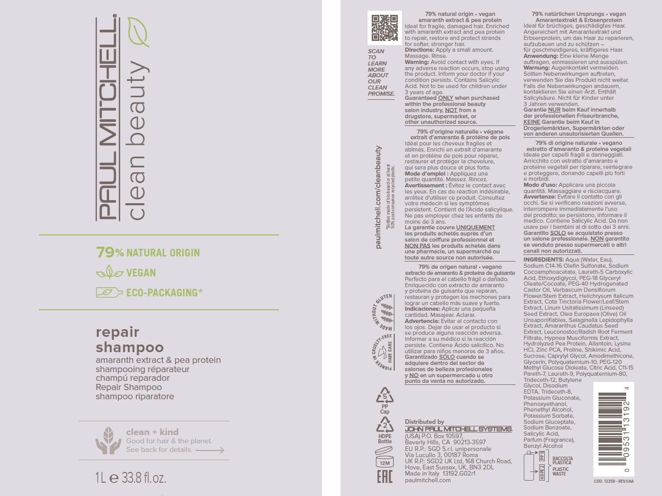 Paul Mitchell Clean Beauty Repair Shampoo – Haar-Wäsche Mit Amarant-Extrakt, Pflege Und Reparatur Für Geschädigtes Und Brüchiges Haar – 1000ml