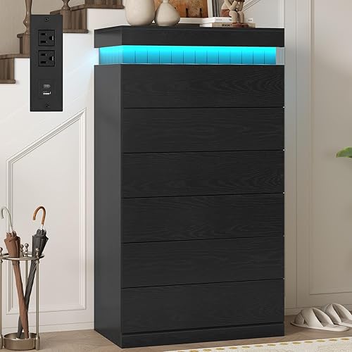 Tall Black 6 Dresser for Bedroom, Sliding Top Storage Space, Modern Wood Drawers with LED Light and Power Outlet, Large Chest of Drawer for Living Room, Hallway, Entryway (6 Drawers,Black)