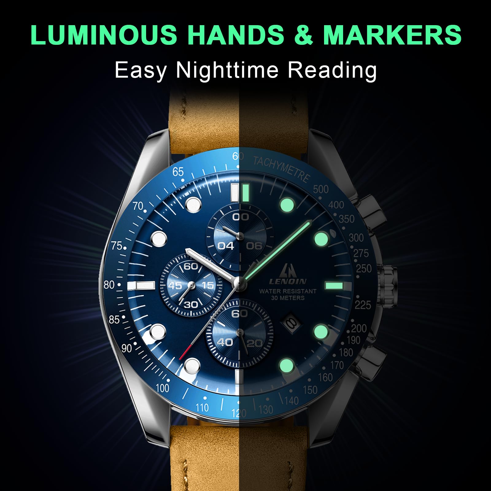 LN LENQIN Mens Watches Leather Watch Analog Quartz Watch for Men Luminous Luxury Fashion Business Casual 30M Waterproof Men's Wrist Watches with Date