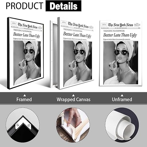 Miniatura 3 de Póster de periódico en blanco y negro Better Late Than Ugly Funky New York Trends Feminista, decoración de pared de Audrey Hepburn, impresiones de