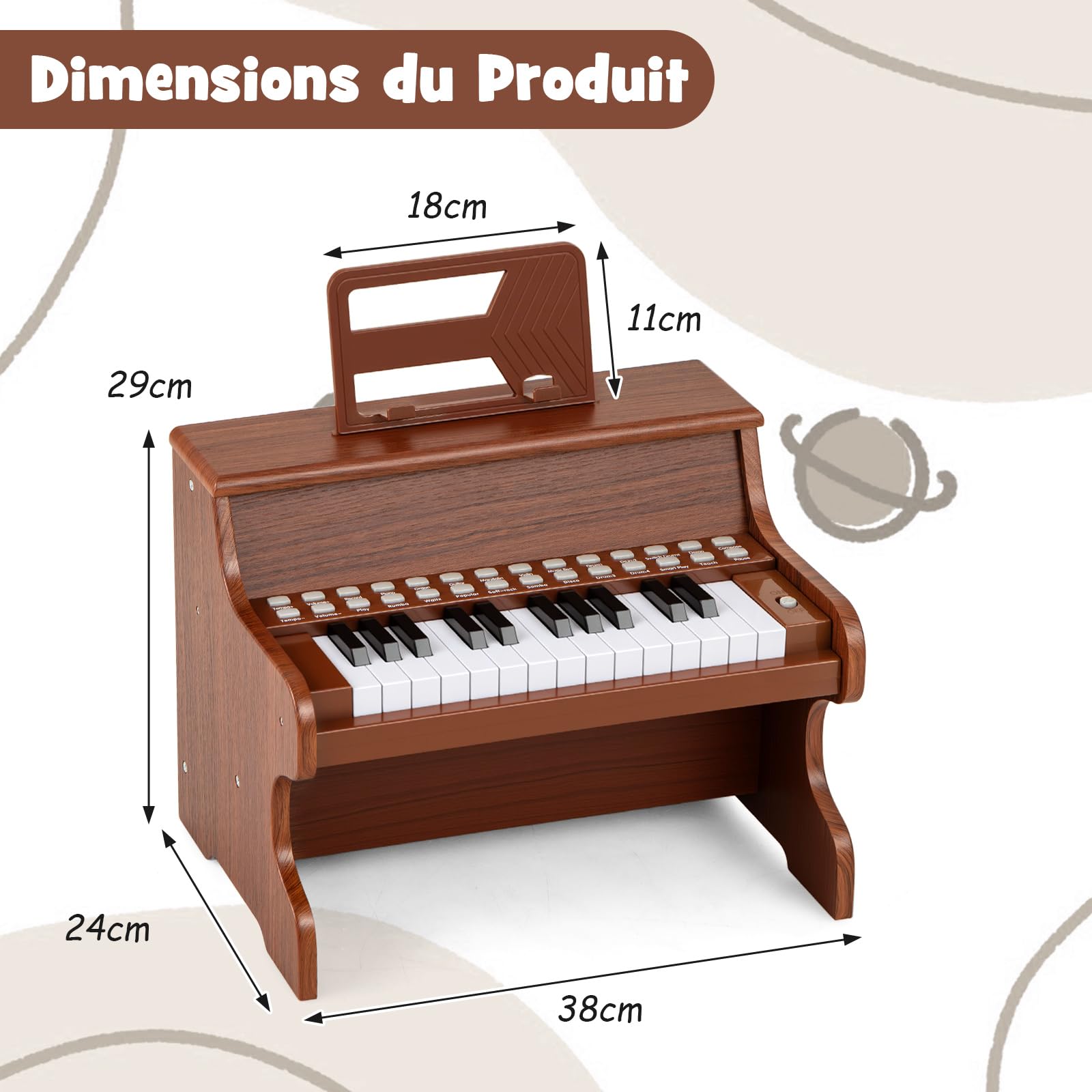 COSTWAY Clavier de Piano Enfant à 25 Touches avec Pupitre Amovible, Piano Numérique avec Mode d'Enseignement & Haut-Parleur, Vitesse et Volume Réglables, Instrument de Musique pour 3 Ans+ (Marron)