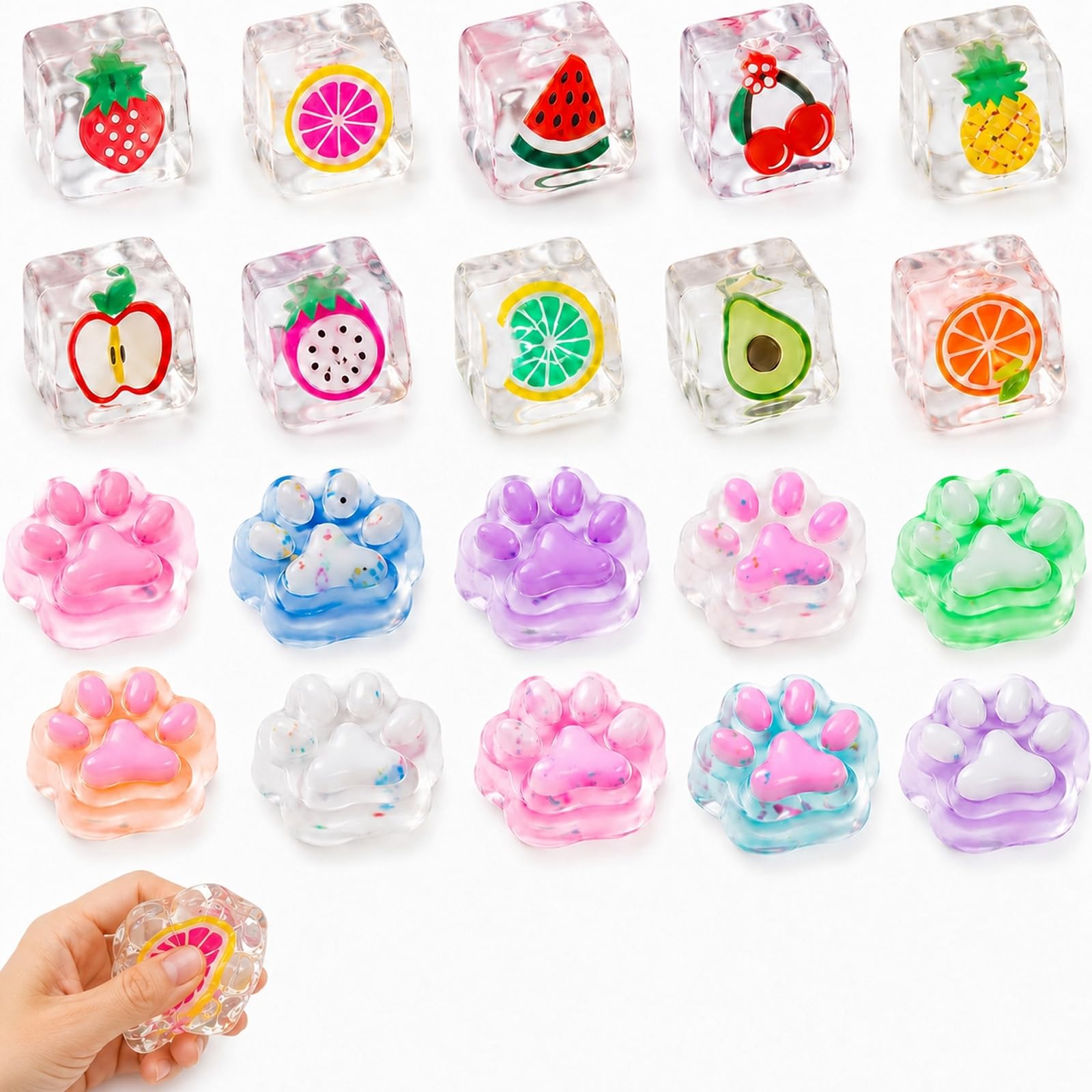 CLPKLQ 20PCS Fruit Squishy, Ice Cube Squishy, Cat Paw Squishy, Adorable and Diverse, Random Fruit & Cat paw themed Squish Decor, Ideal for Home Decorators and Squishy Lovers