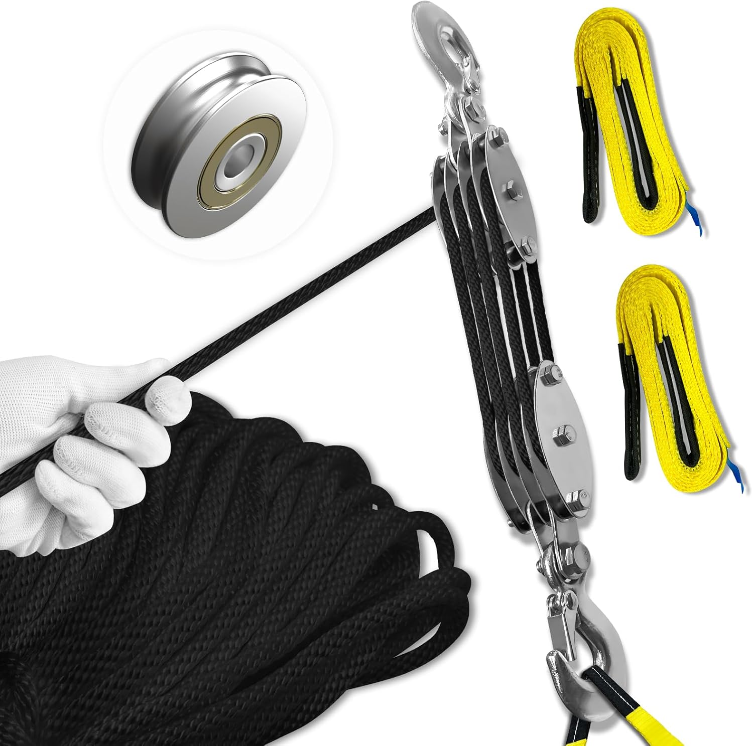 Block and Tackle Pulley System, Upgraded 4-Wheel Rope Pulley Hoist with 2 Lift Sling Straps, 8:1 Lifting Power, 2200 lbs. WLL with 65Ft of 1/4” Rope, Compact Rope Hoist for Garage and Hunting