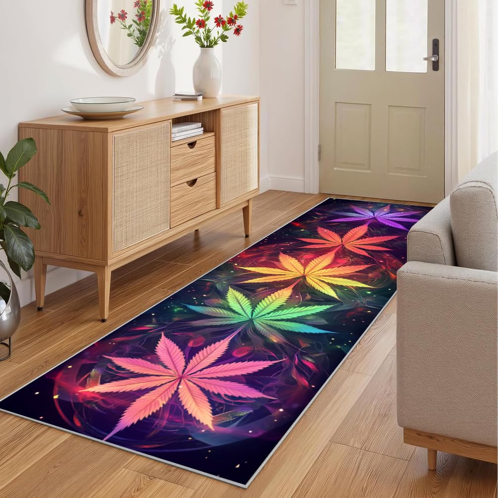 Tappeto Cucina Antiscivolo Lavabile, Passatoia per Corridoio e Ingresso,Motivo a Foglie Colorate ，90 x 180 cm
