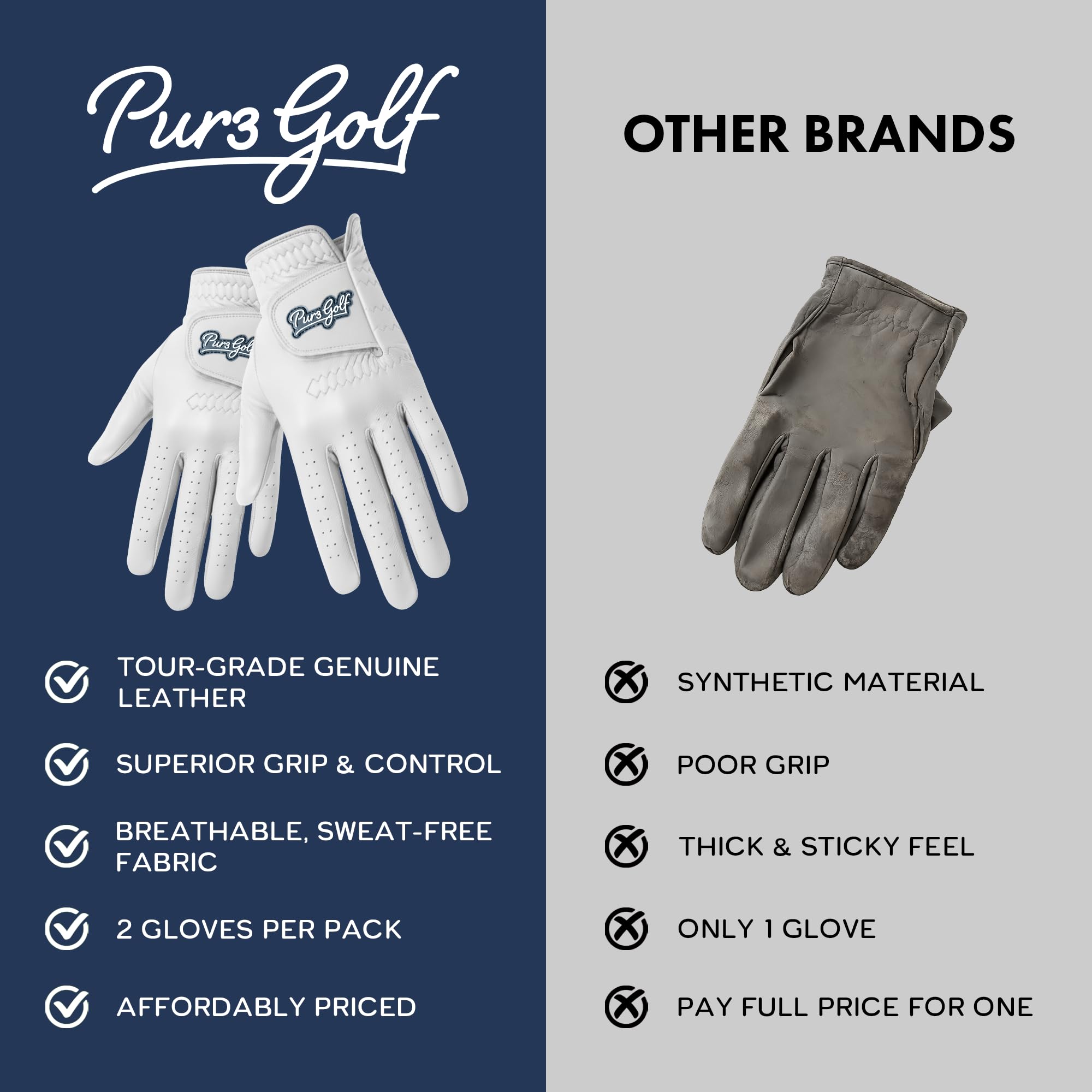 PUR3 - Paquete de 2 guantes de golf para hombre, cuero Cabretta de primera calidad, guante de tacto ultrasuave, marcador de pelota adicional, golfista zurdo o diestro
