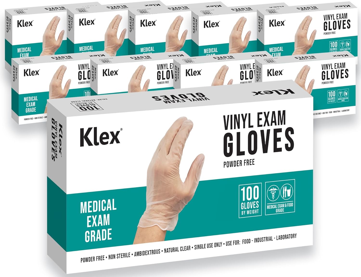 Klex Disposable Vinyl Gloves Medical Exam Grade, Latex & Powder Free, BPA Free, 100, 1000, S, M, L, XL