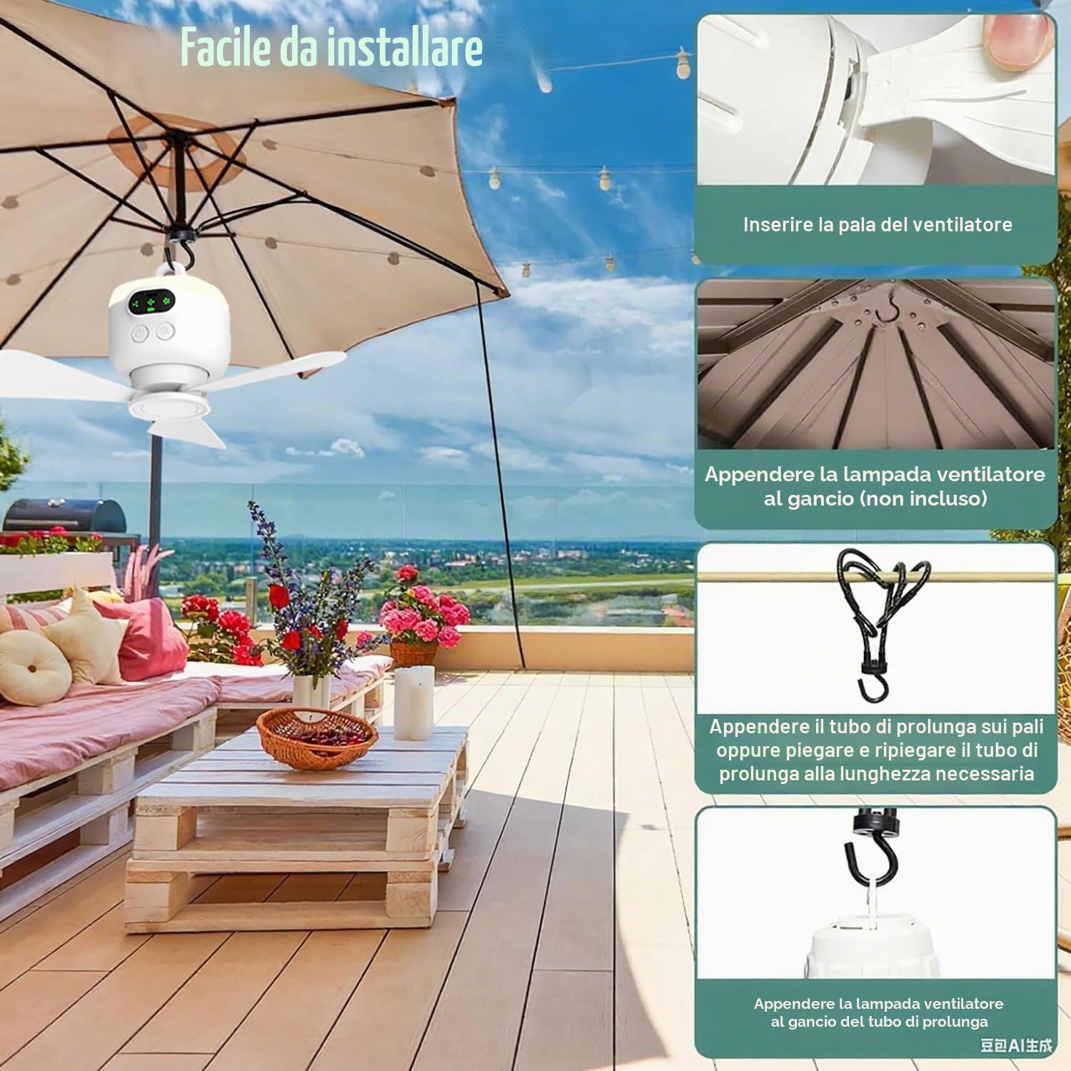 Ventilatore a Batteria con Luce a Soffitto, Ventilatore a Soffitto Solare con Illuminazione, Ventilatore da Esterno con Luce a Soffitto, Gancio per Appendere, LED, Ventilatore con Luce Regolabile e