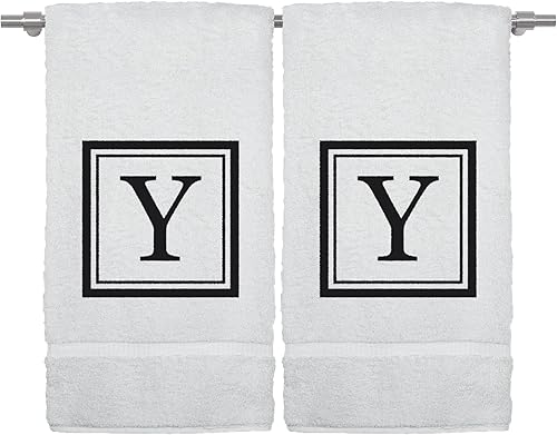 Miniatura 73 de Monogrammed Hand Towel, 16 x 30 Inches Set of 2, Personalized Gift- White Letter Embroidered with Square Design on Black Towel - Extra Absorbent