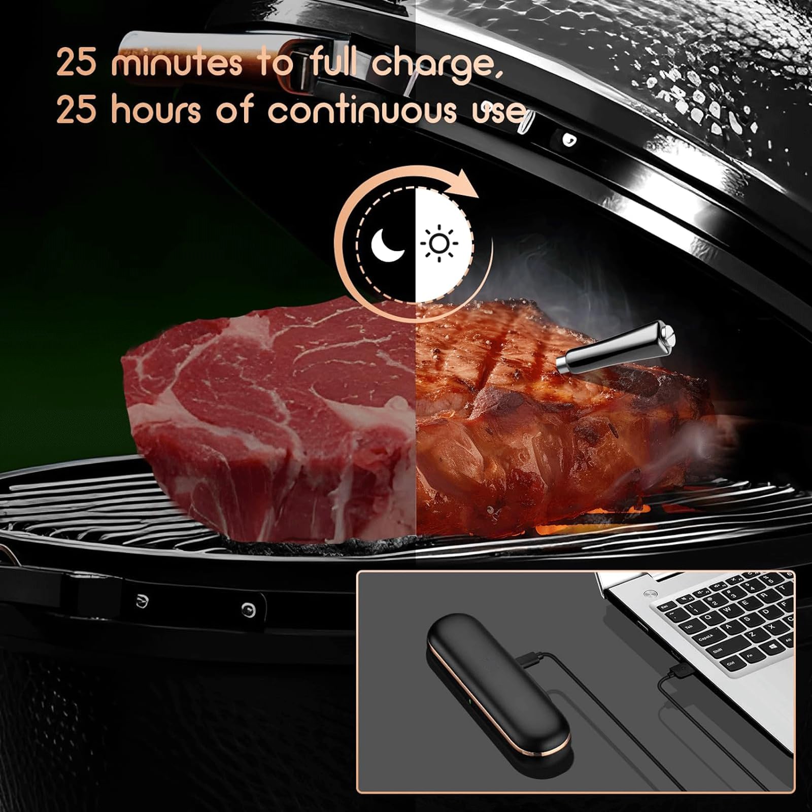 KRILLIQ Termómetro inalámbrico para Carne, termómetro Recargable de Lectura instantánea para Carne, termómetro Bluetooth para Barbacoa, Tambor para Horno ahumador