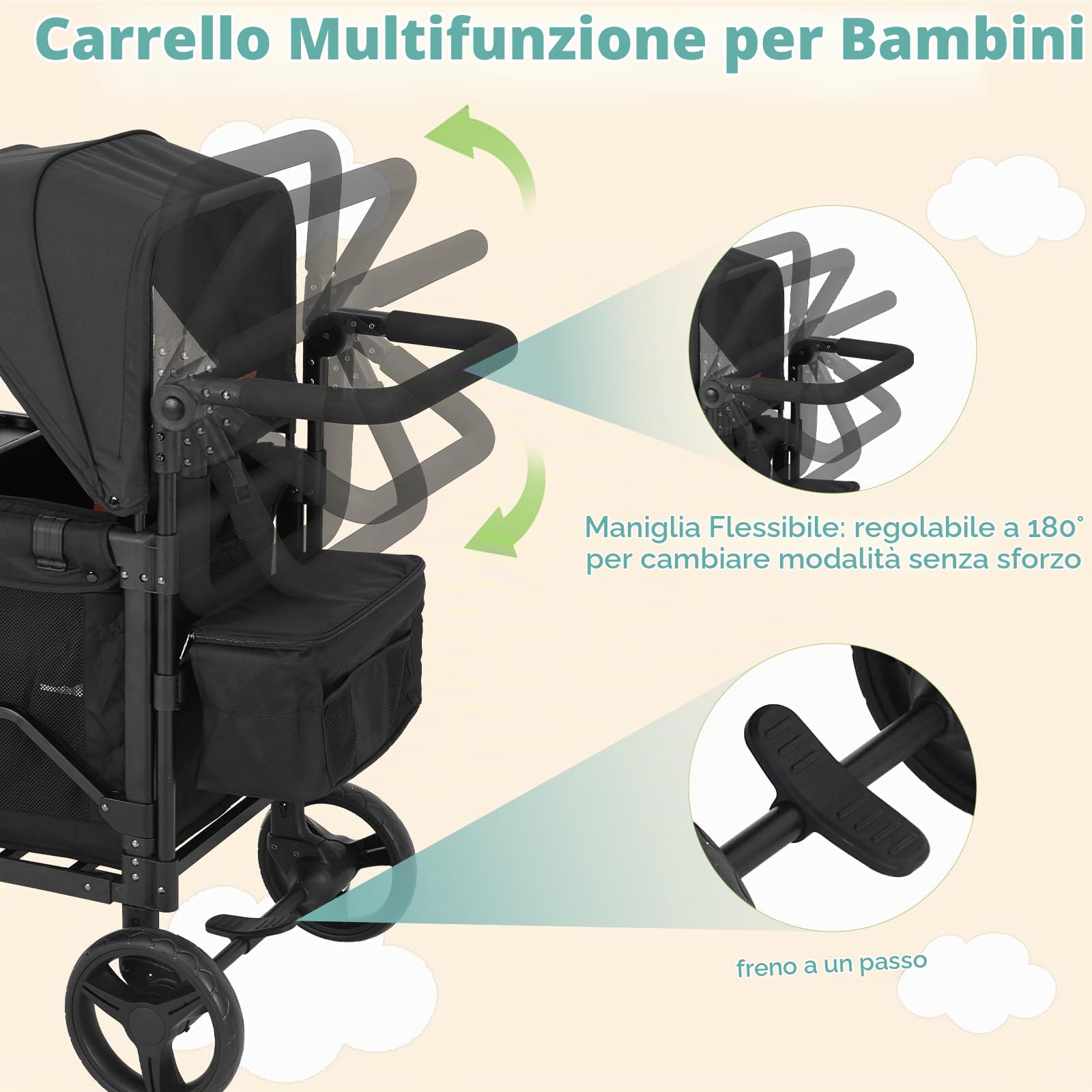 Carrello da Spiaggia, Carrello Pieghevole con Tetto per 2 Bambini, Carrello Spiaggia Bambini con Manico Regolabile e Ripiano per Snack, Tettuccio Rimovibile, Ruote In Poliuretano con Freni, Custodia