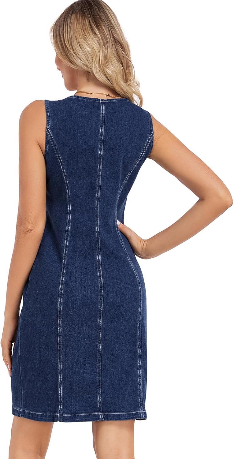 Women's Denim Dress Sleeveless Stretchy Crewneck Vintage Button Down Jean Dresses with Patch Pocket - Image 5