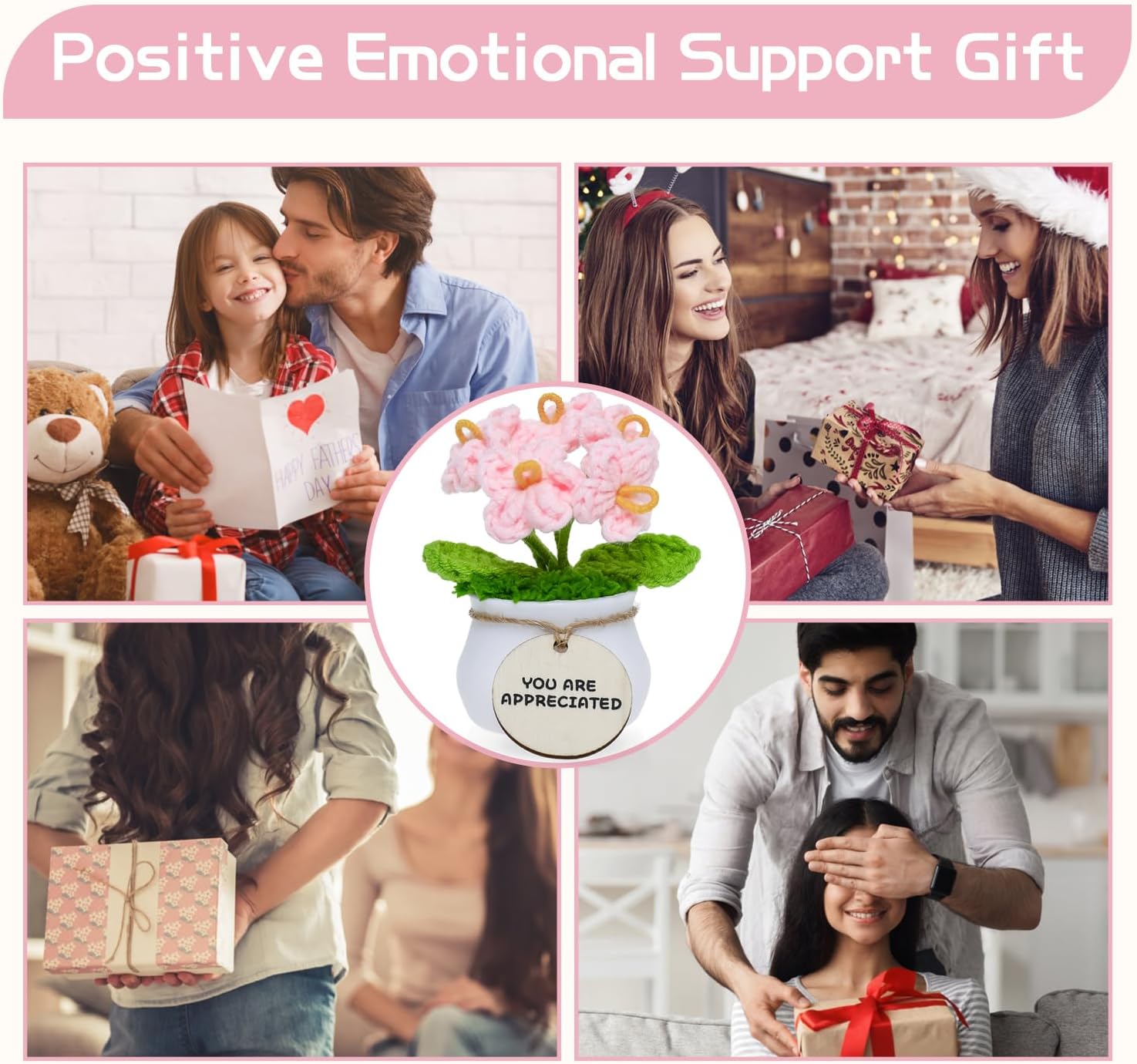 MSEHKM Encouragement Crochet Flowers with Positive Wooden Affirmations Handmade Artifical Flower Decor Ideal for Birthday/Christmas/Thank You Present (Pink Forget Me Not, You are Appreciated) - Image 6