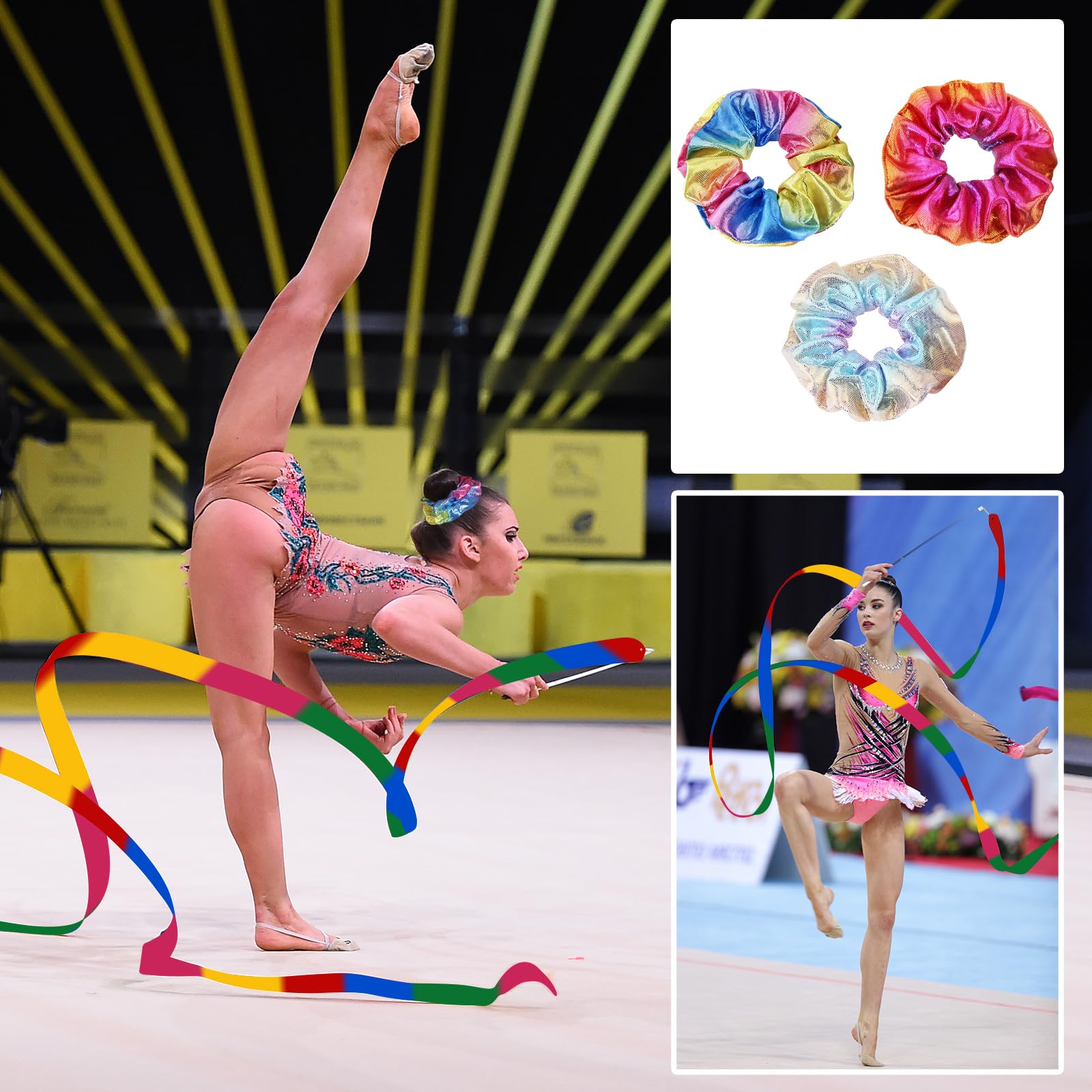 PLULON Lot de 3 baguettes de danse torsadées, 3 baguettes de danse en ruban et 3 chouchous arc-en-ciel pour enfants, bâtons de danse PLULON de 53,3 cm pour baton Twirler, bâton de gymnastique pour