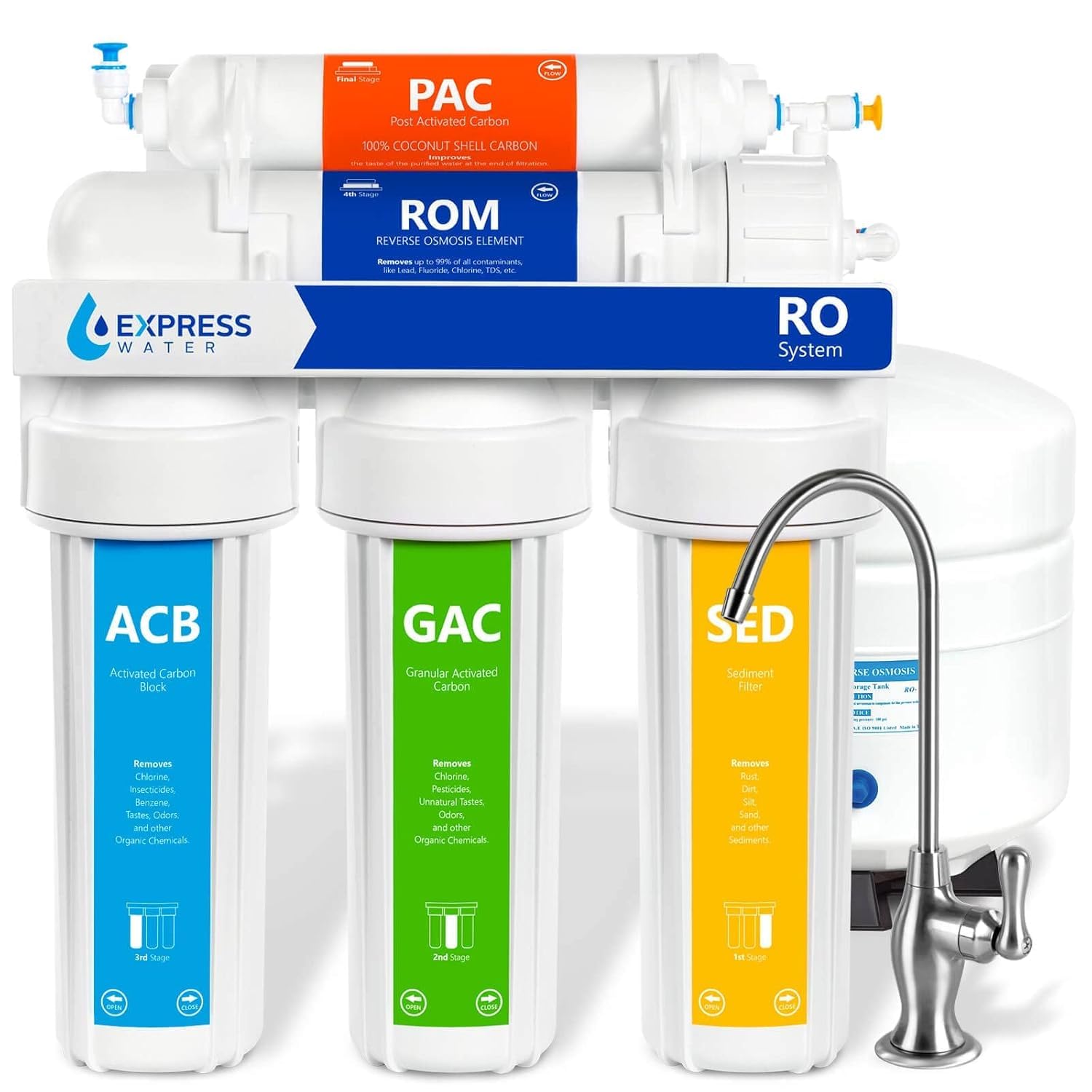Express Water Reverse Osmosis Water Filtration System – 5 Stage RO Water Filter System with Faucet and Tank – Under Sink Water Filter – 100 GPD