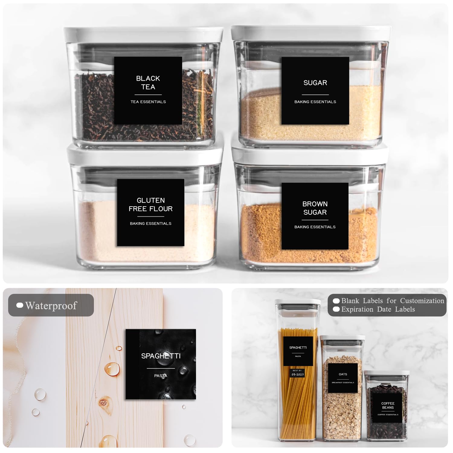 Speisekammer-Etiketten für Lebensmittelbehälter, schwarz, vorgedruckte, minimalistische, wasserdichte Aufkleber für die Organisation von Aufbewahrungsbehältern, Gläsern und Küche, 288 Stück