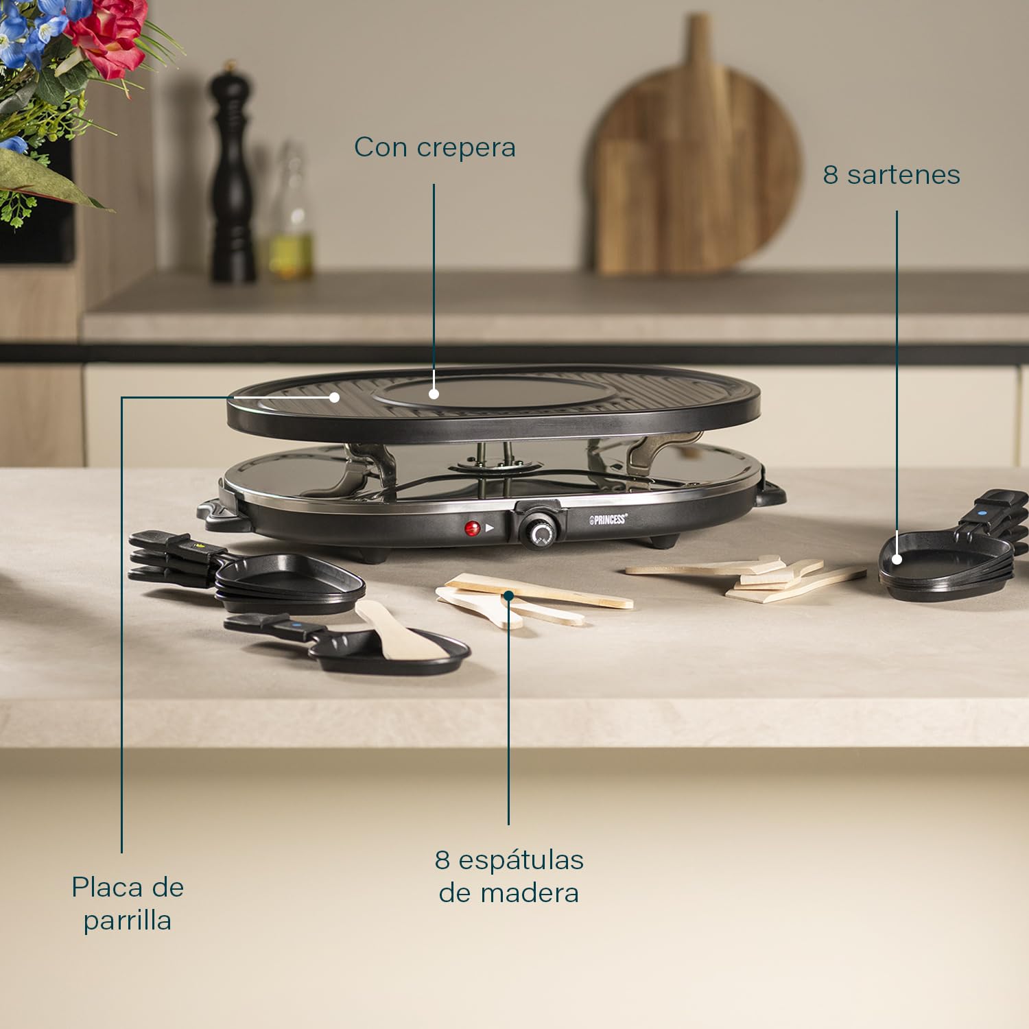 Princess 162700 Oval Grill Party – Raclette y parrilla, con parte diseñada especialmente para creps, 8 personas