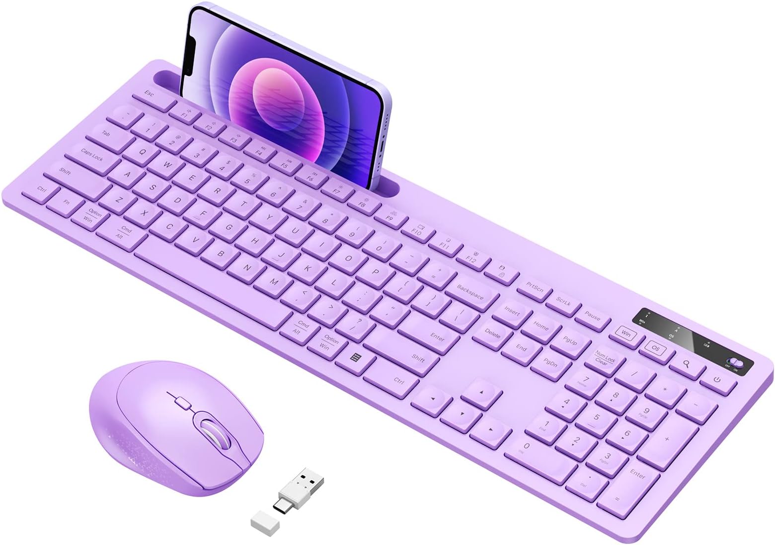 Vivefox Purple Keyboard And Mouse Wireless, Full-Size Wireless With Phone Holder Usb A & Type C Cute Compatible For Windows, Mac, Macbook/Air/Pro Computer