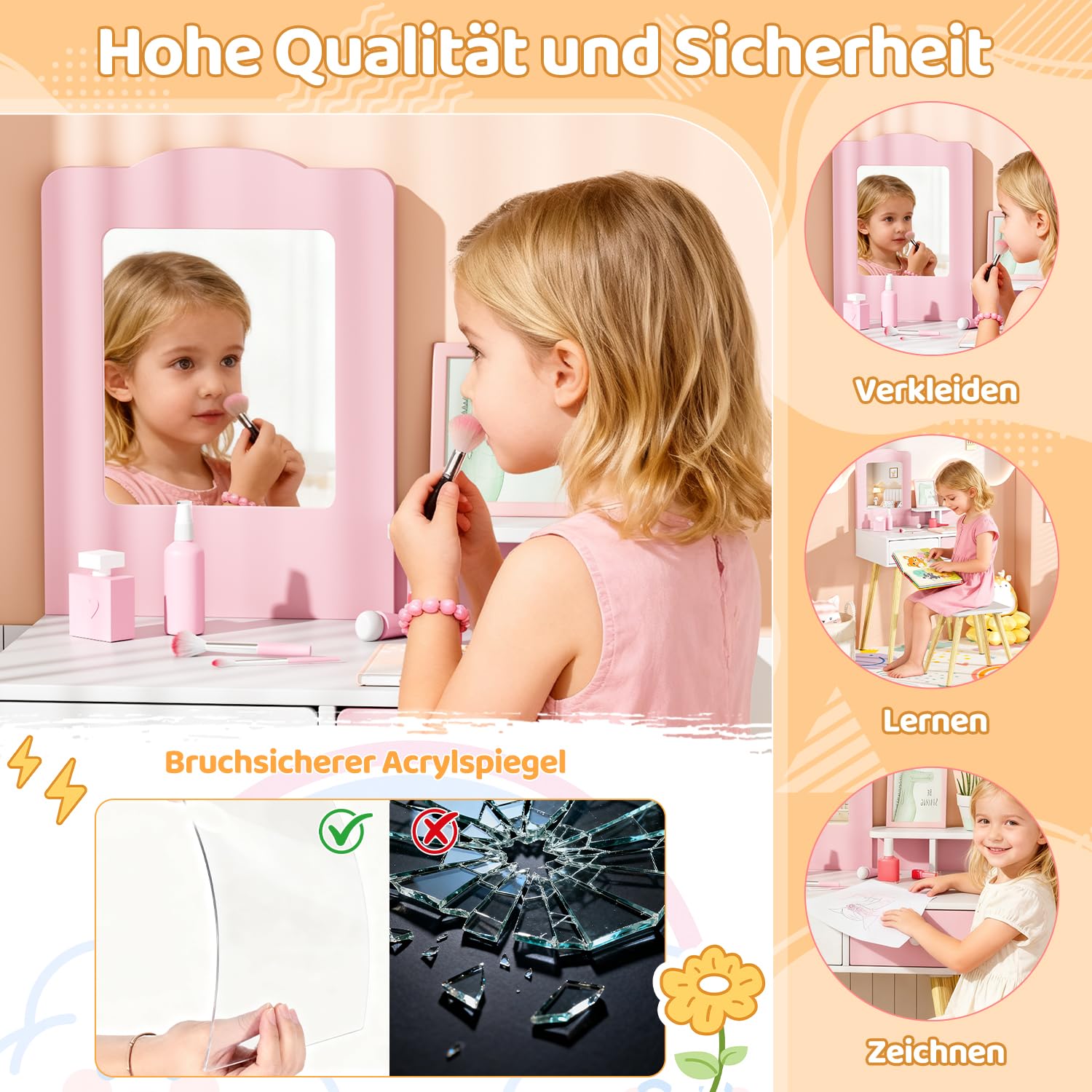 MAMIZO Schminktisch Kinder Set, Kinderschminktisch Holz mit Abnehmbarem Spiegel und 2 Schubladen, Schreibtisch mit Hocker, Prinzessin Frisiertisch ab 3 Jahre, 60x40x108 cm, Rosa
