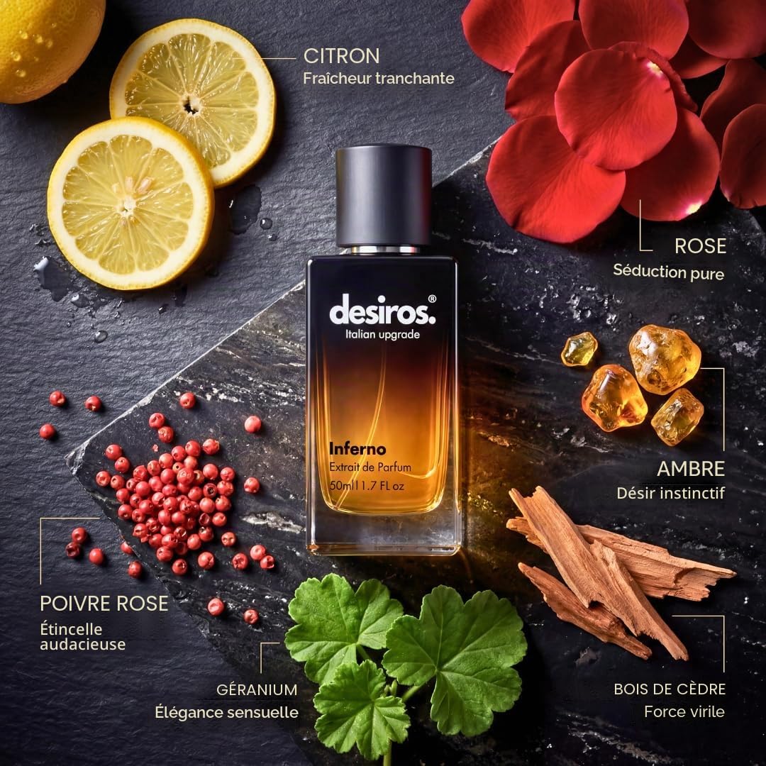 Desiros. Italian Upgrade Desiros Inferno – Extrait de Parfum Homme Sensuel à Longue Durée | Élégance Italienne et Attraction Irrésistible | Notes Agrumates, Fraises et Bois | Concentration 25% d'Huile