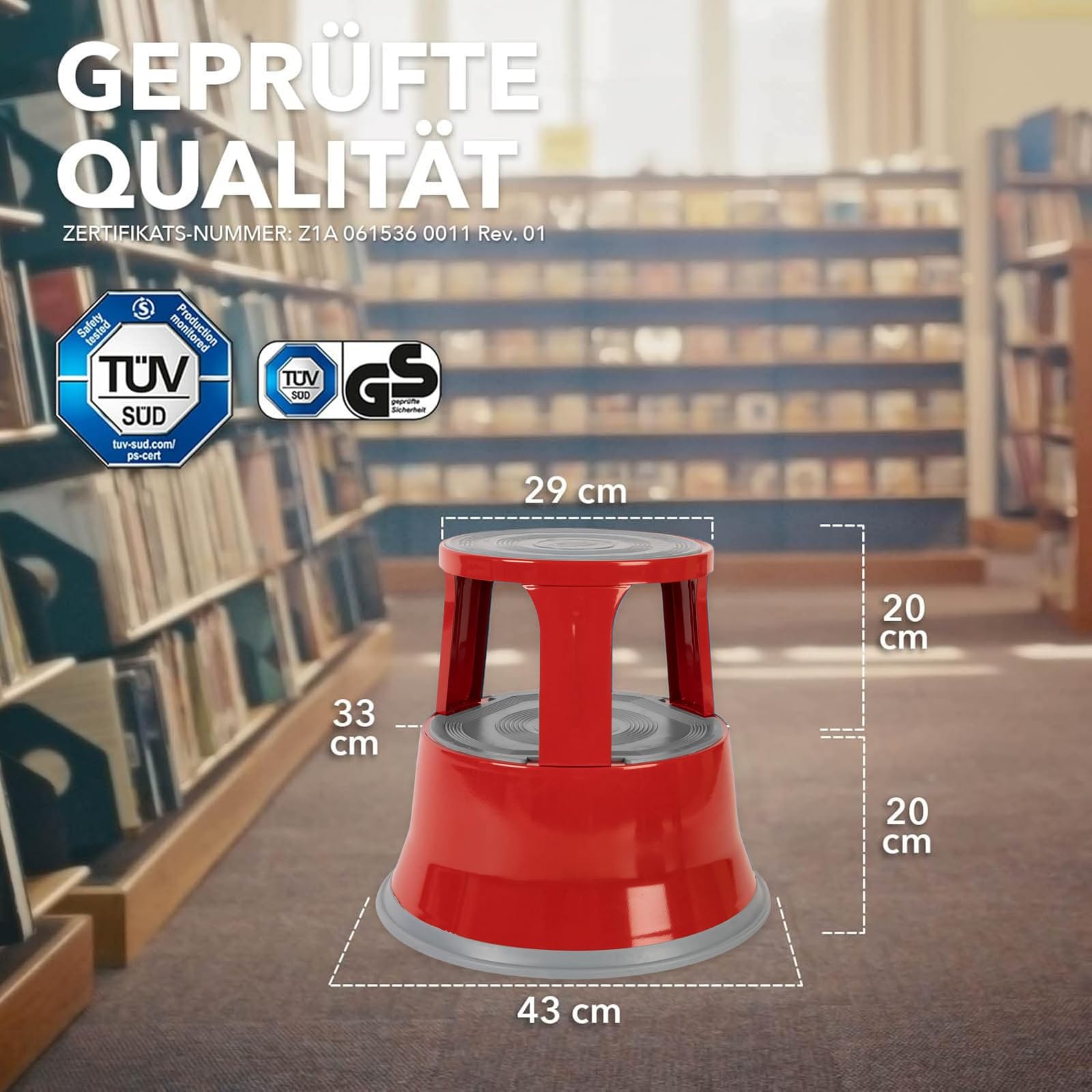 casa pura Stalowy taboret – stołek premium na kółkach | antypoślizgowa gumowa platforma | odporny na wgniecenia i rdzę, obciążenie 150 kg | czerwony