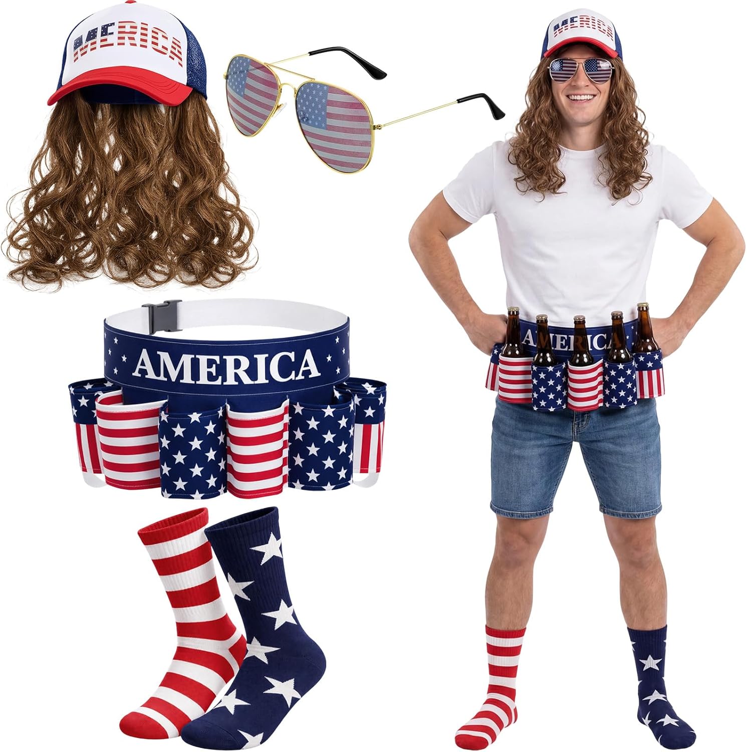 Mepase 4 Pcs American Flag Costume Set, USA Patriotic Outfit Accessories Sport Cheering for 4th of July 250th Anniversary