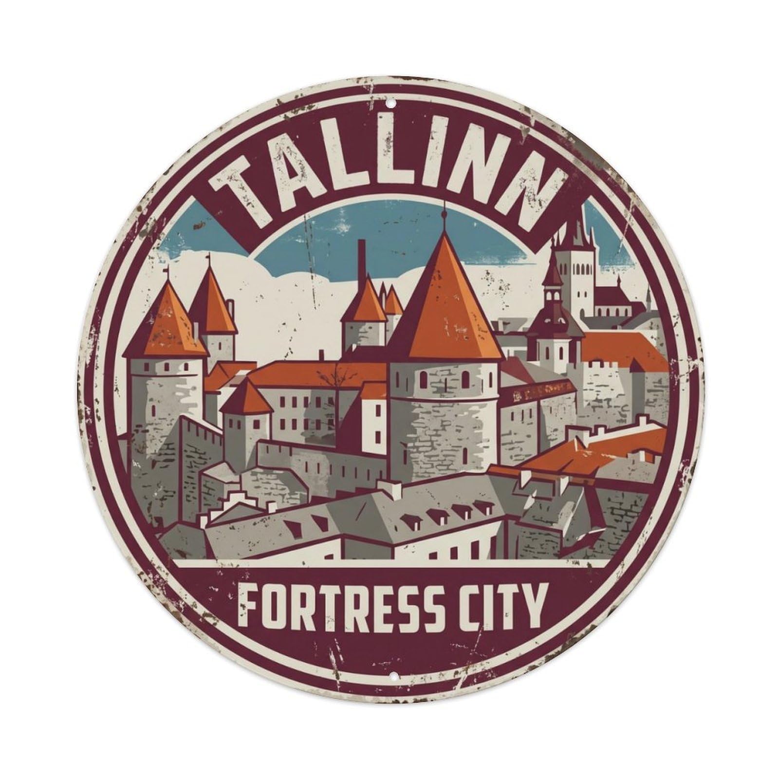 Vintage Travel Tallinn Citywall Fortress Metal Tin Sign Plaque Wall Decor for Cafe, Club Bar, Office, Home Garden Round Metal Poster 8x8Inch
