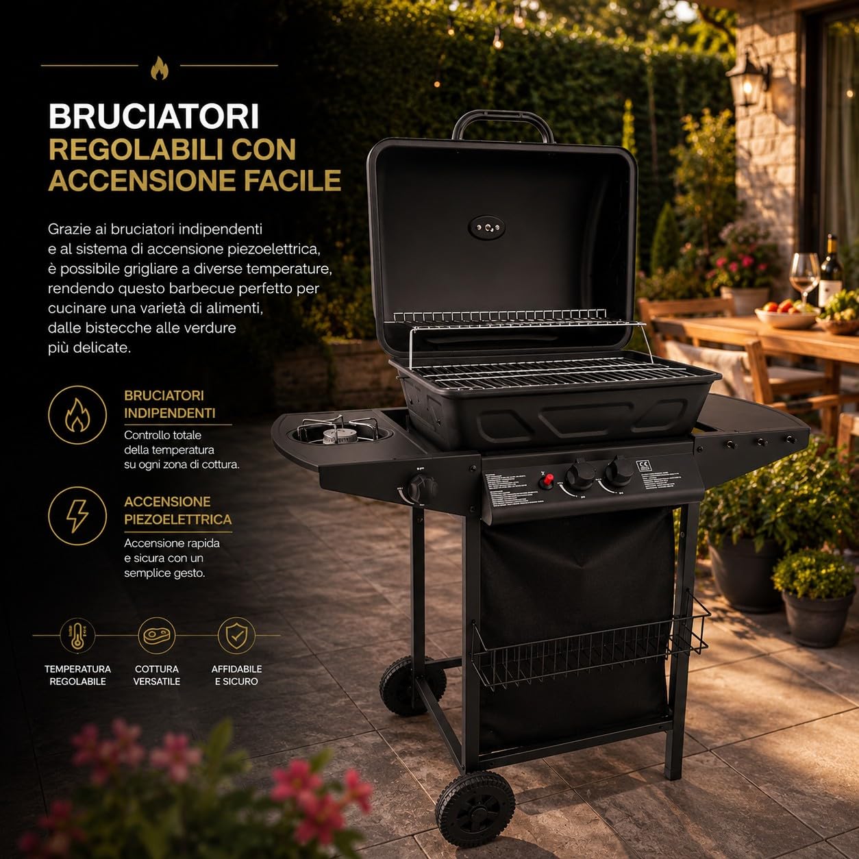 Barbecue a Gas con Pietra Lavica 2 Bruciatori + Fornello Laterale 8kW Area di Cottura 48 × 37cm Griglia in Acciaio Coperchio con Termometro e Ruote per Giardino