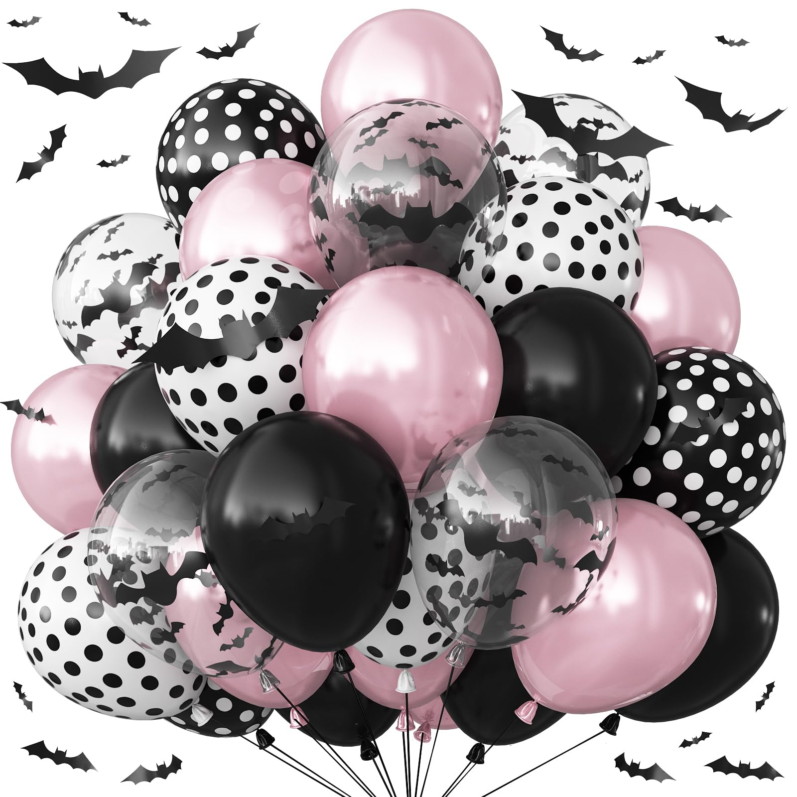 Balony na Halloween, różowy i czarny balon z naklejkami 3D, nadruk nietoperza, balony i balon w kropki, dla dziewcząt, noc, różowy, Halloween, duch, straszne urodziny, baby shower, dekoracja na