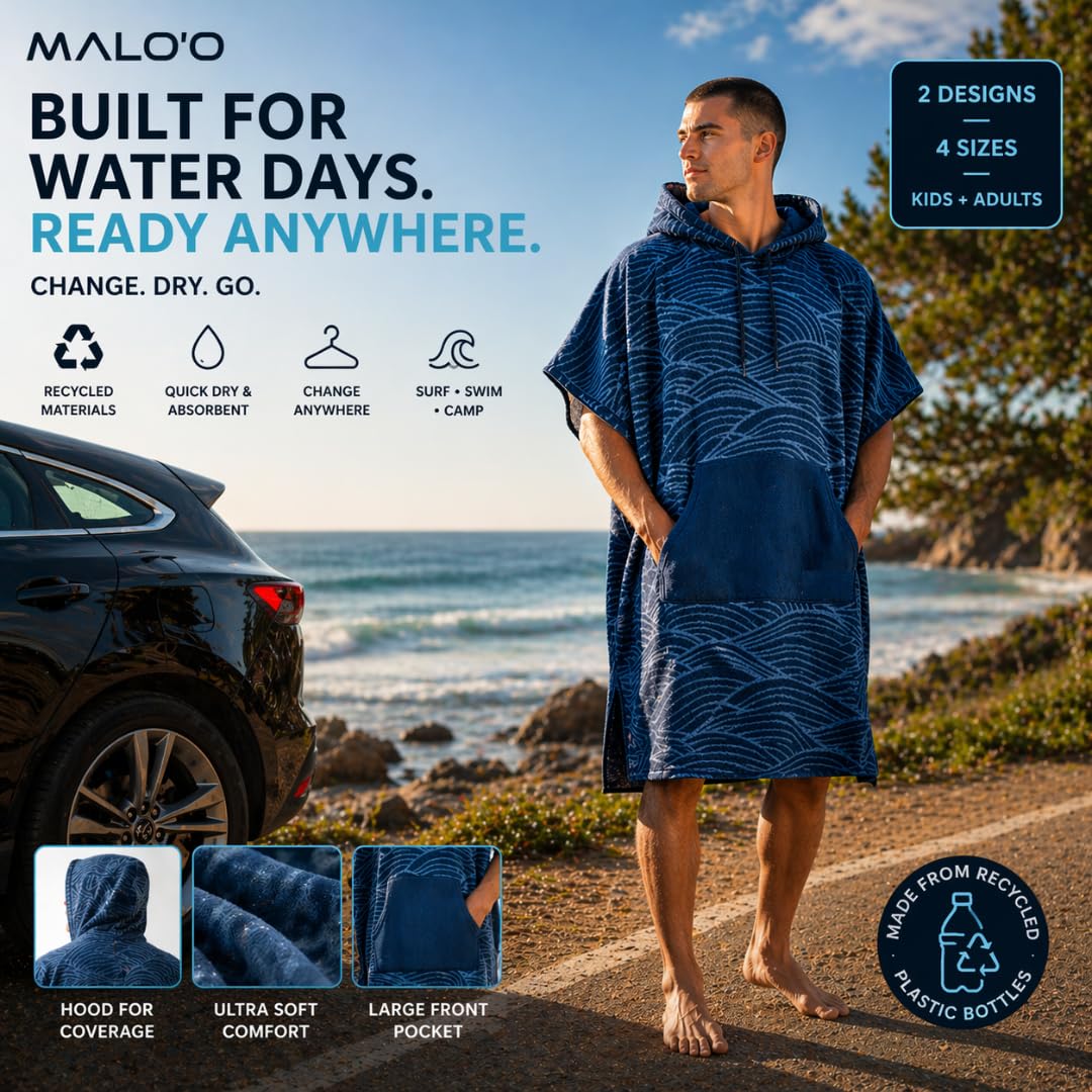 Malo'o Nalu Surf Poncho Wickelmantel mit Kapuze, weich und warm, Kinder- und Erwachsenengrößen, Wickeltuch und Poncho