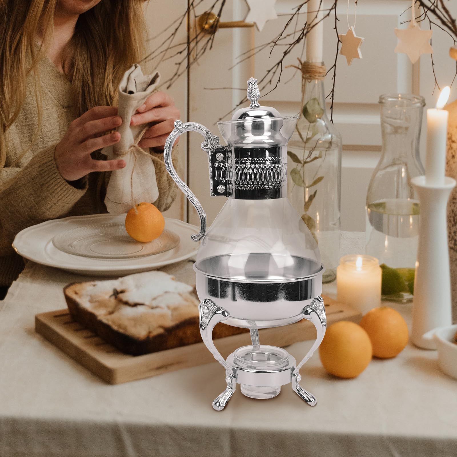 USHOBE Europäische und Komfortablem Griff Kaffeekanne aus Glas mit Großer Kapazität Wärmbare Teekanne aus Zinklegierung und Glas für Haushalt und Café