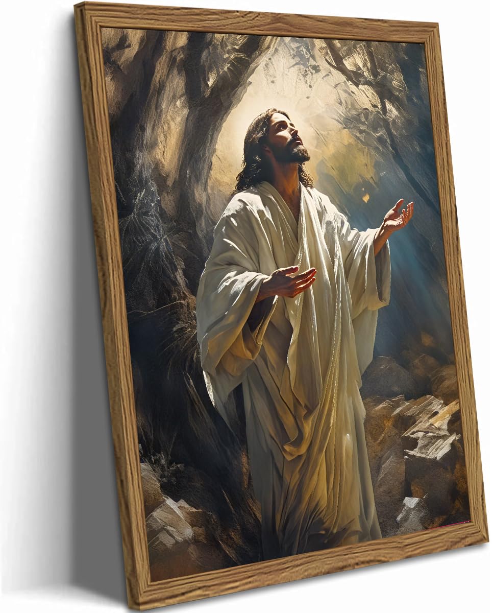 Framed Christian Jesus Canvas Wall Art, Jesus Praying Wall Decor Paintings, God Light Pictures Prints Religious Home Decor for Living Room Bedroom Church Prayer Room 16x24 inch