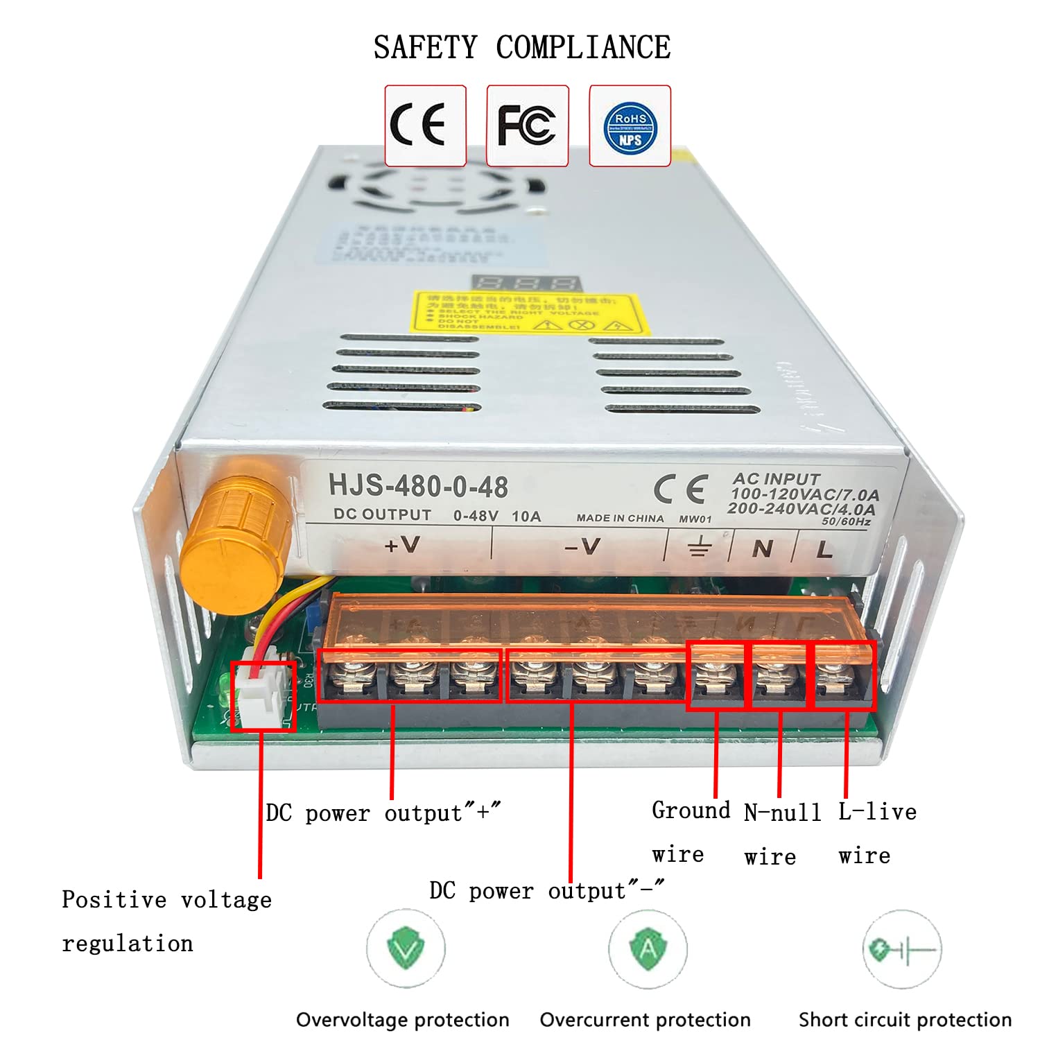Lianshi trasformatore AC-DC 0-48V regolabile 10A480W tensione display digitale Alimentazione switching regolata DC Adatto per motori di controllo della velocità DC, sistemi di stampanti 3D