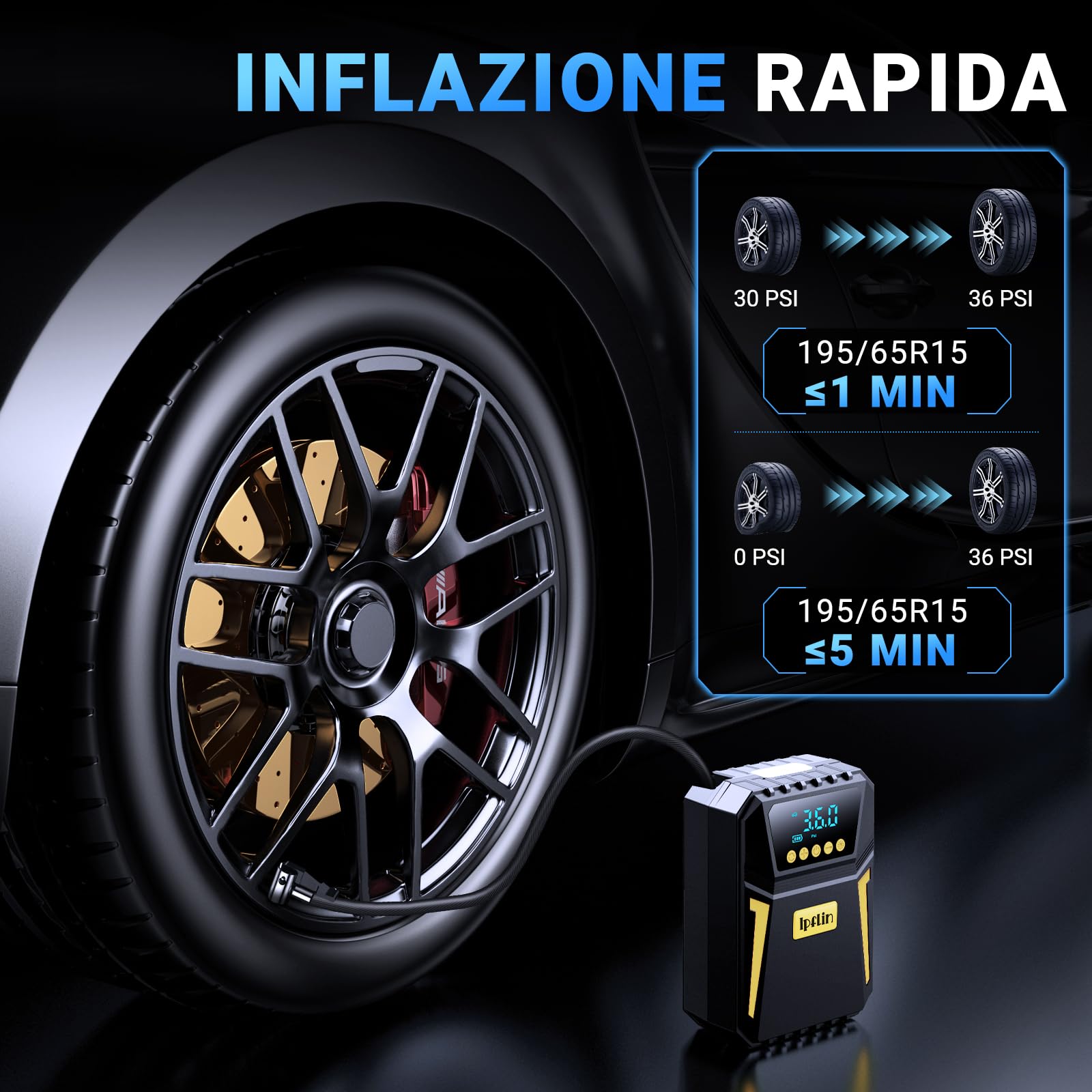 Compressore Aria Portatile Auto - Compressore Portatile Digitale 12 V DC, Compressore Auto d'aria da 150 PSI, Spegnimento Automatico per Pneumatici di Auto, Biciclette, Palloni da Calcio