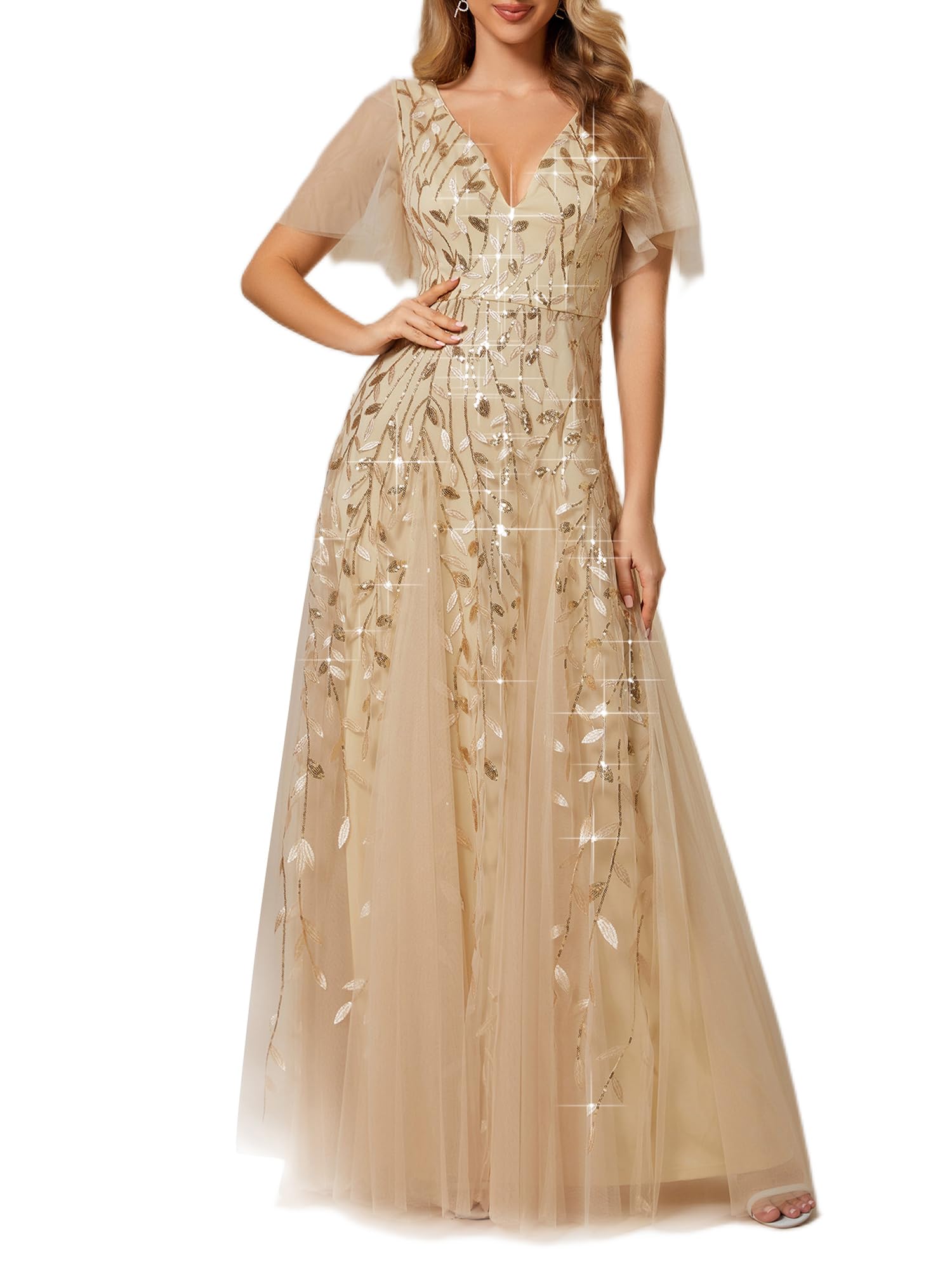 Ever-Pretty Robe de soirée élégante en tulle à manches courtes et décolleté en V - 00734
