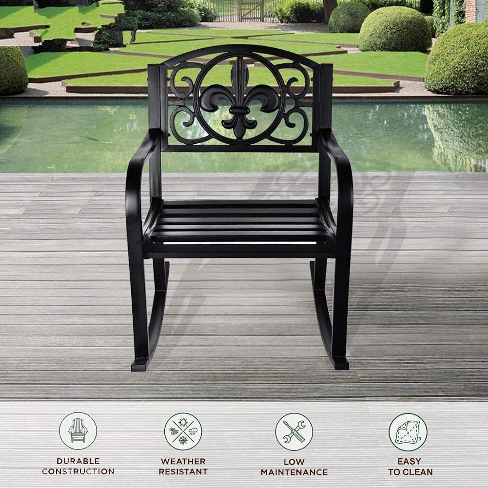 Grepatio Outdoor Patio Rocking Chair Set of 2, Wrought Cast Iron Furniture Chair Metal Rocking Seat Chairs for for Deck, Backyard or Garden w/Scroll Design (Black-2Pcs)