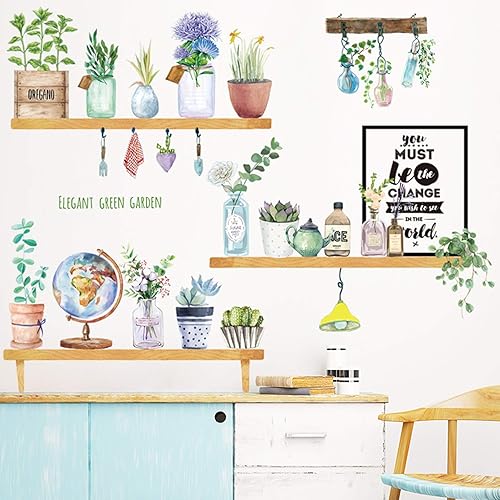 Miniatura 4 de Calcomanía de pared de jardín con hojas verdes en maceta, acuarela, removible, bricolaje, hogar, decoración de arte mural para sala de estar,