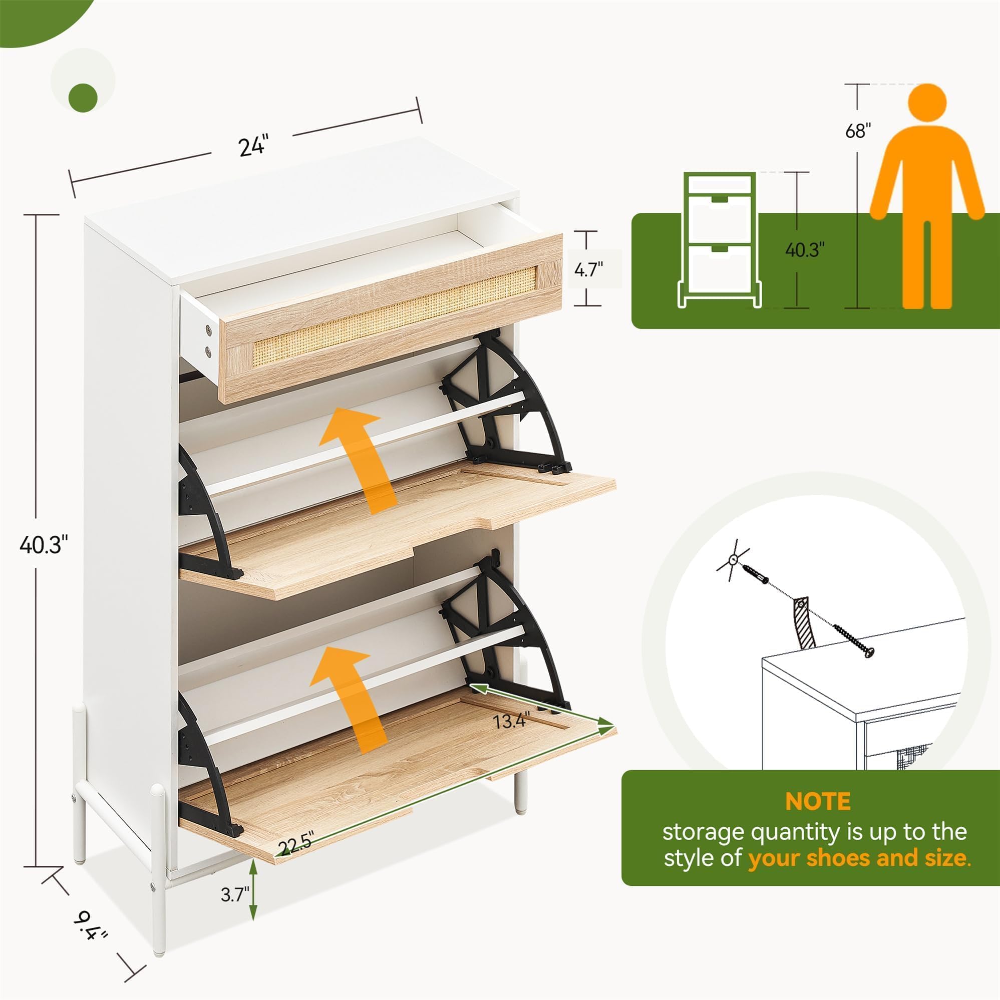Garvee Zapatero Estrecho con 2 Solapas y 1 cajón, Cajones Abatibles y Estantes Ajustables, Mueble Delgado para Entrada Pasillo o Porche, para 14 Pares Botas y Tacones, Color Blanco, 60x24x102 cm