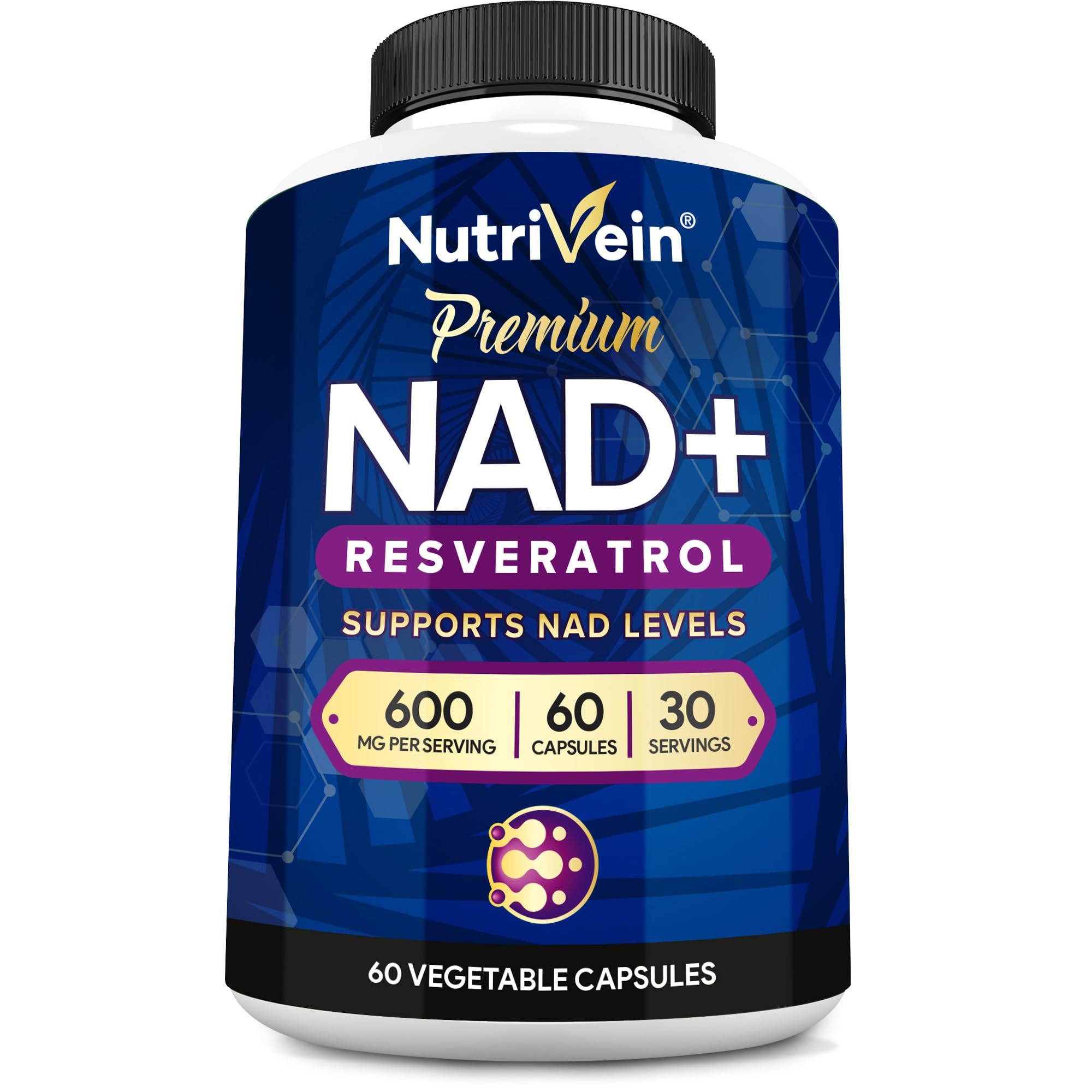 Nutrivein Premium NAD + Resveratrol Supplement 600 mg - 30 Servings (60 Capsules): Powerful Synergistic NAD Resveratrol Supplement - Aging, Cognition, Metabolism, & Overall Well-Being
