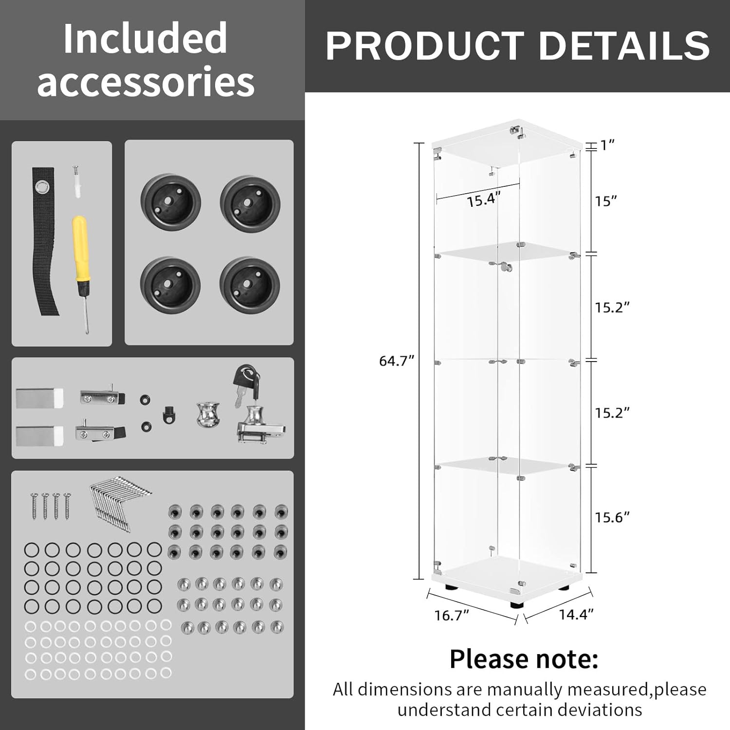 LFT HUIMEI2Y Glass Display Cabinet 4-Shelf with Door and Lock, Curio Cabinets Upgraded Quick-Install Style Tempered Glass Floor Standing Bookshelf for Bedroom, Living Room 65”x 17”x 14” White White 4 Shelf Single Door