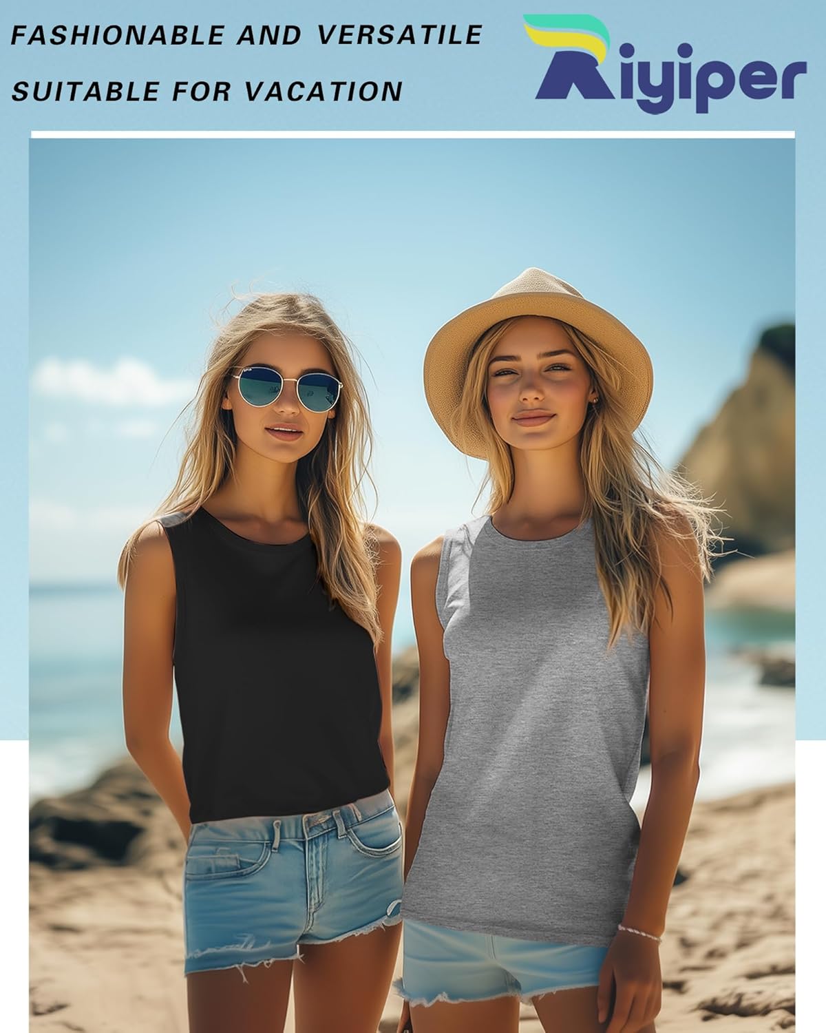 Riyiper 3 Pack Women's Sleeveless Tops Crew Neck Loose Fit Tank Tops Casual Summer Muscle Shirts Basic Solid Flowy Tees - Image 2