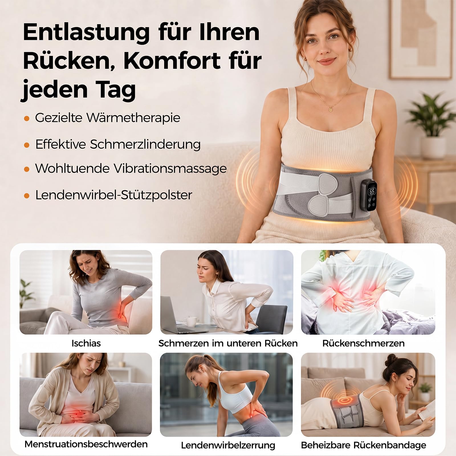 Wärmegürtel Rücken Heizkissen Kabellos Massagegerät, Elektrische Heizmatte Taillengurt mit 5 Massagemodi 3 Wärmestufen Touchscreen Für Den Unteren Rücken Geschenk für Frauen Männer