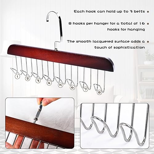 Miniatura 3 de BigOtters 2 ganchos para cinturón para armario, accesorios de madera para colgar en el armario, con 8 ganchos para corbatas de cinturón de armario,
