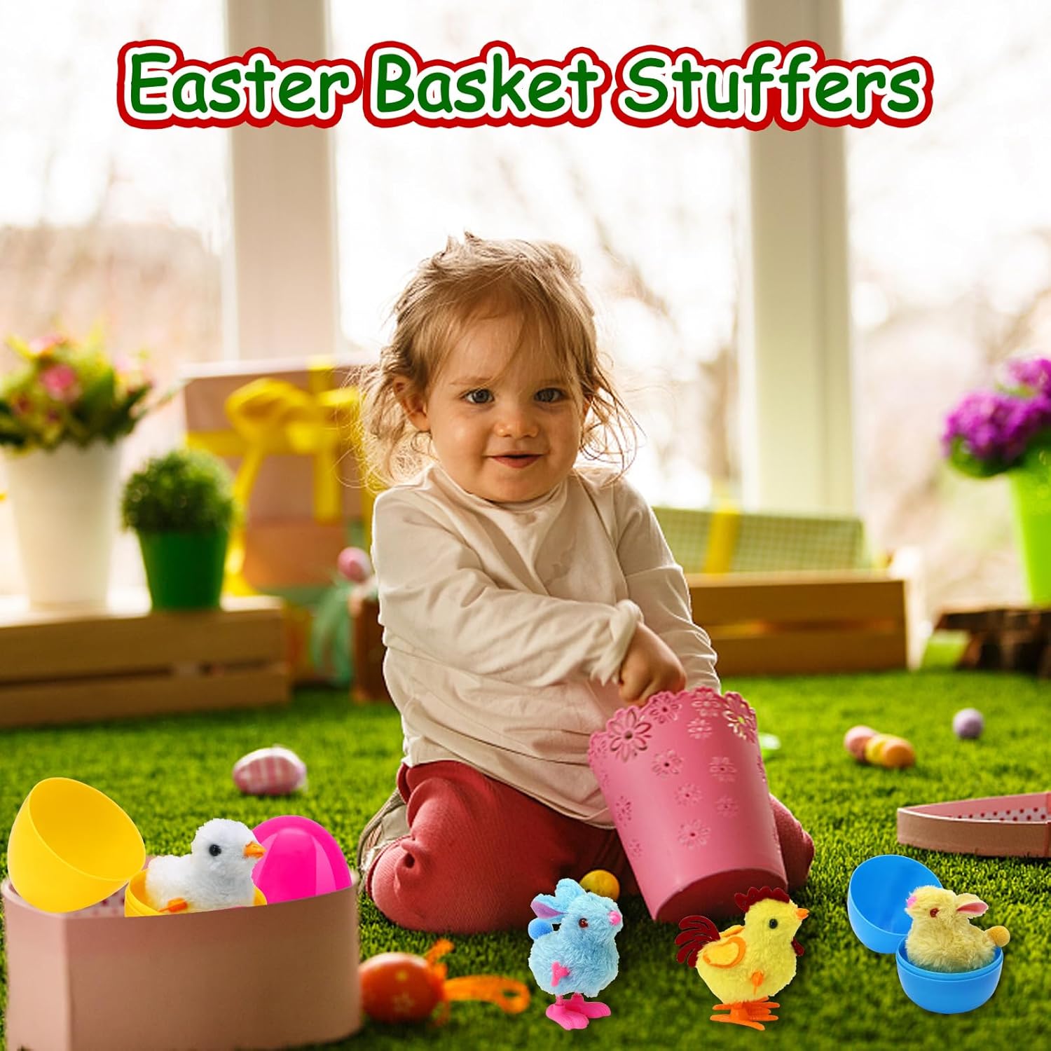 8pcs Prefilled Easter Egg with Wind Up Chicks and Bunnies, Easter Egg Fillers for Kids, Basket Stuffer, Party Favors, Classroom Prize
