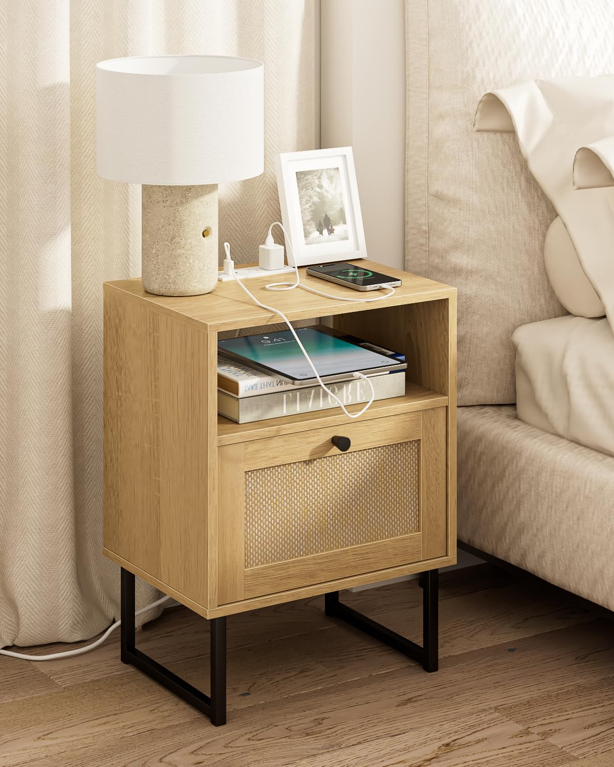 Masupu Rattan Nightstand with Charging Station, Modern Boho Farmhouse Wood Bedside Table with Storage Drawer and Open Shelf, Side End Table for Bedroom, Office (Natural)