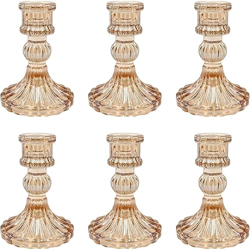Glass Candlestick Holders Set of 6, Champagne Stripe Taper Candle Holders for Table Centerpiece, Home Decorations, Valentine Day, Wedding and Party