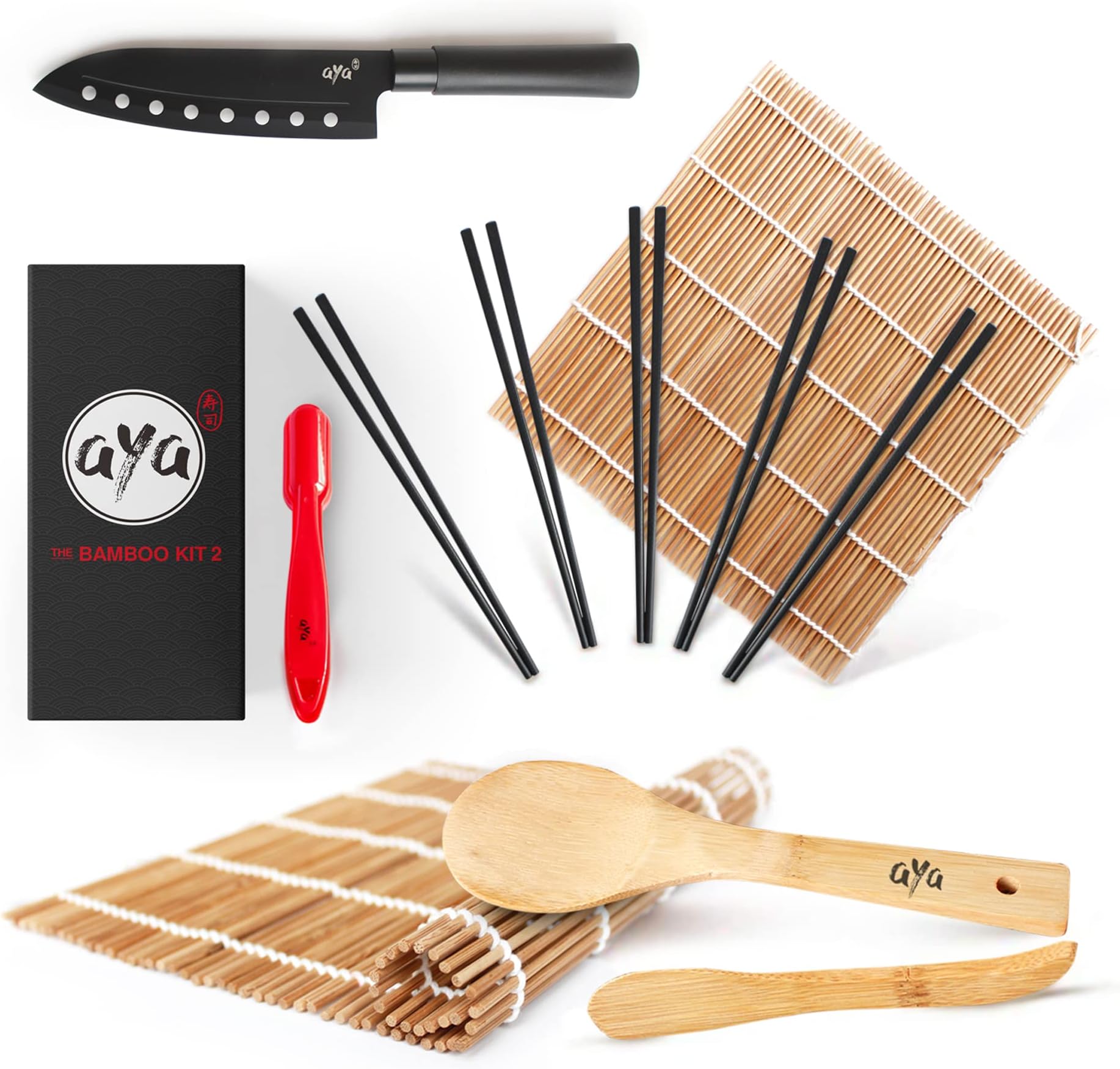 AYA Sushi Making Kit Bamboo Kit 2, Complete with Sushi Chef Knife, Online Video Tutorials, 2 Rolling Mats, Paddle, Spreader, 5 Pairs of Fiberglass Chopsticks, DIY Nigiri Maker