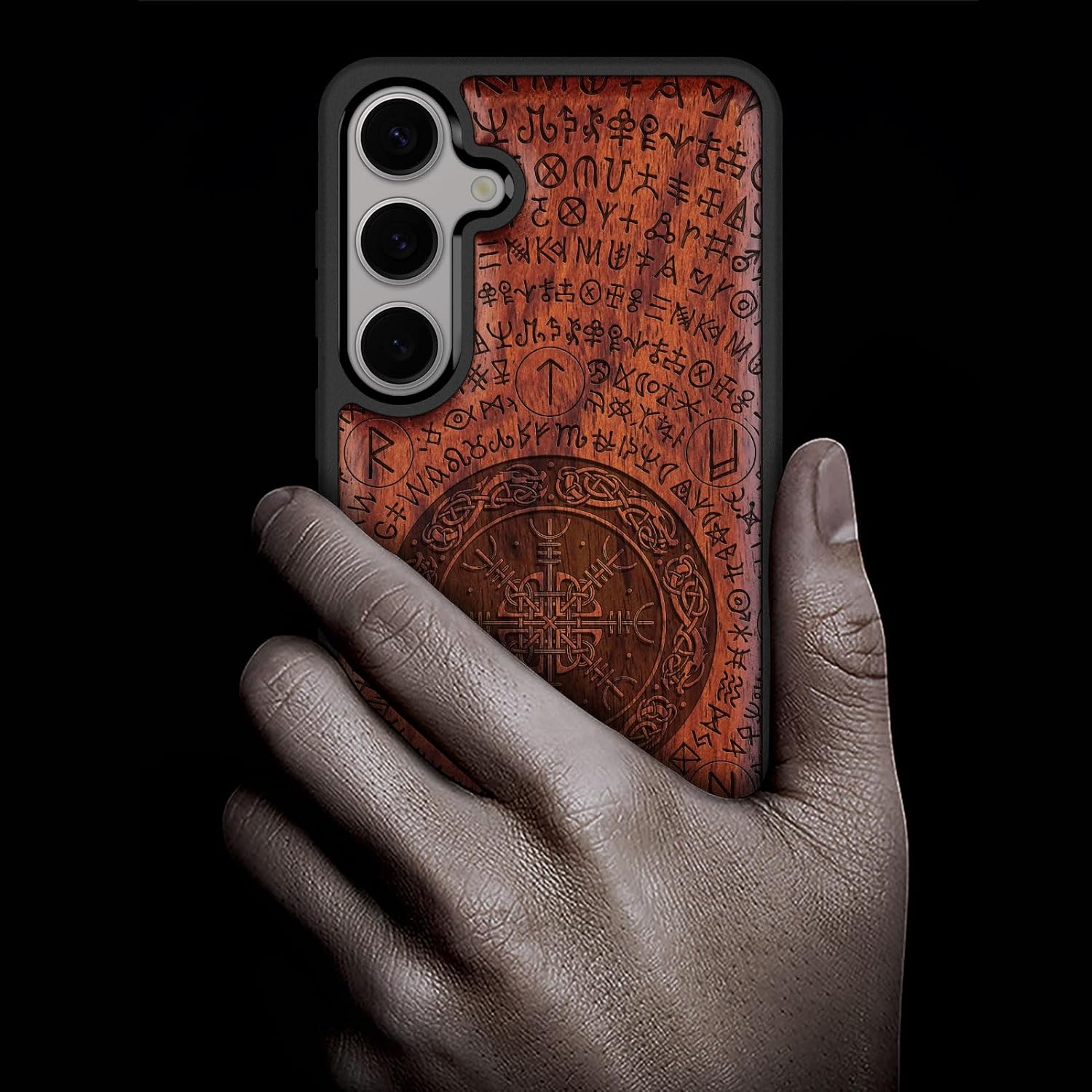 Carveit Wood Case for Galaxy S25 Case 2025 [Natural Wood & Black Soft TPU] Shockproof Protective Cover Unique Wooden Design Compatible with Samsung S25 (Viking Symbol-Rosy)