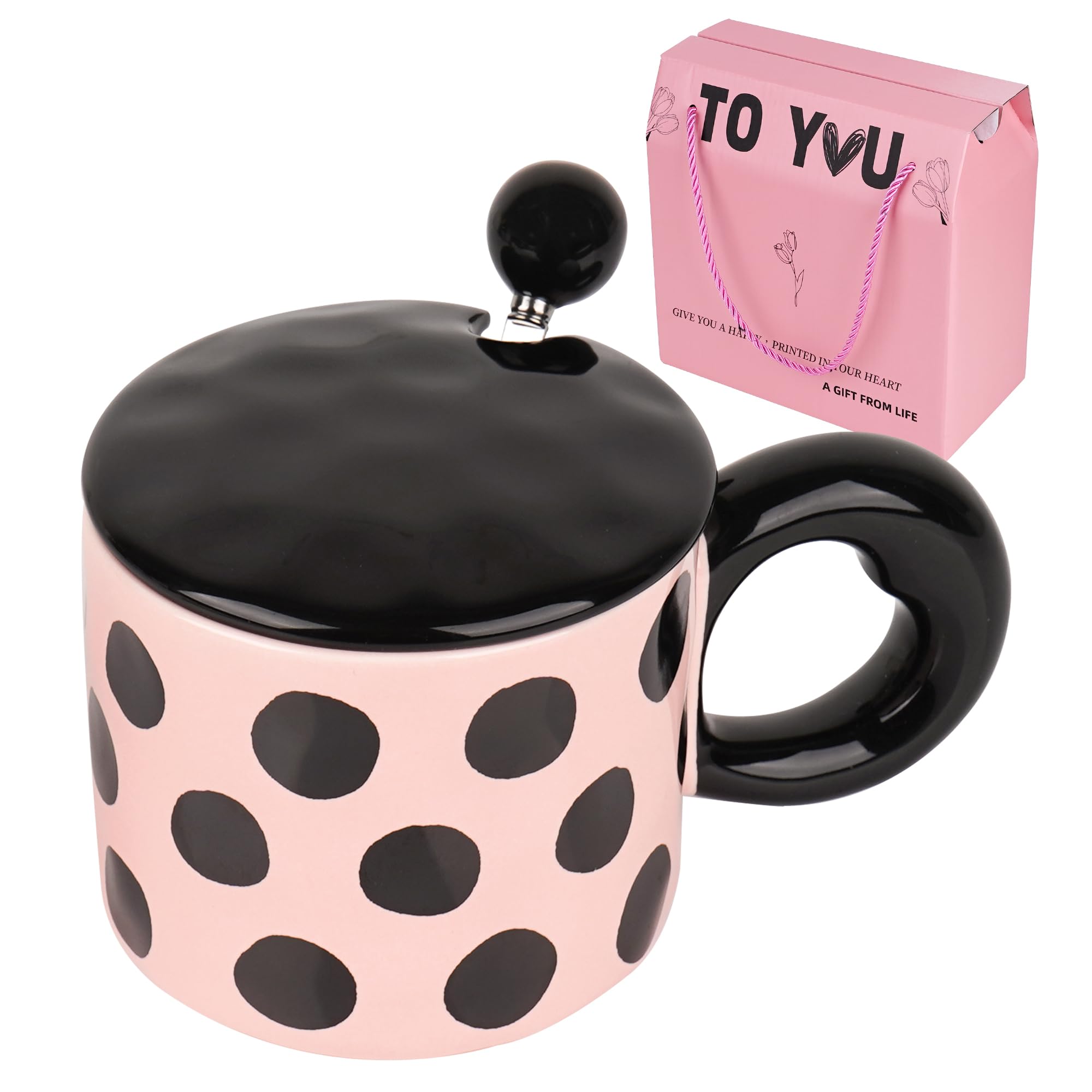 DODAMOUR Ceramic Coffee Mug with Lid and Spoon, Pink Polka Dot Tea Cup with Handle, Large Cute Ceramic Mug for Latte, Milk, Oatmeal, Style Tableware for Home or Café Gift Use (Pink)
